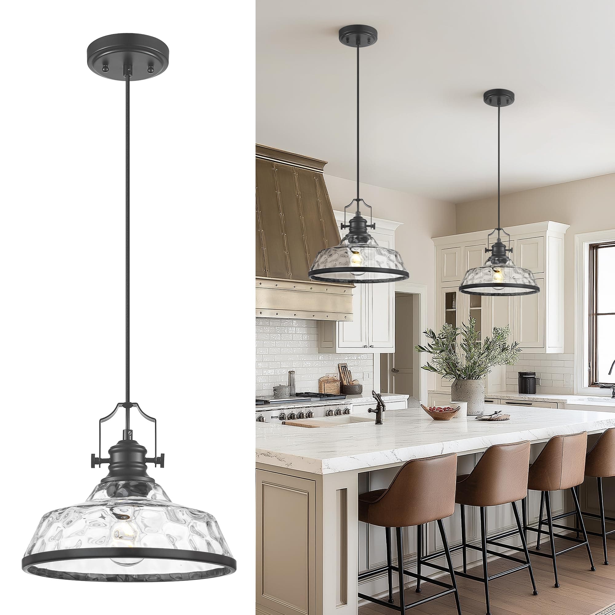 kudos 11 Inch Black Pendant Lights with Clear Hammered Glass, KDPL13-BK-H