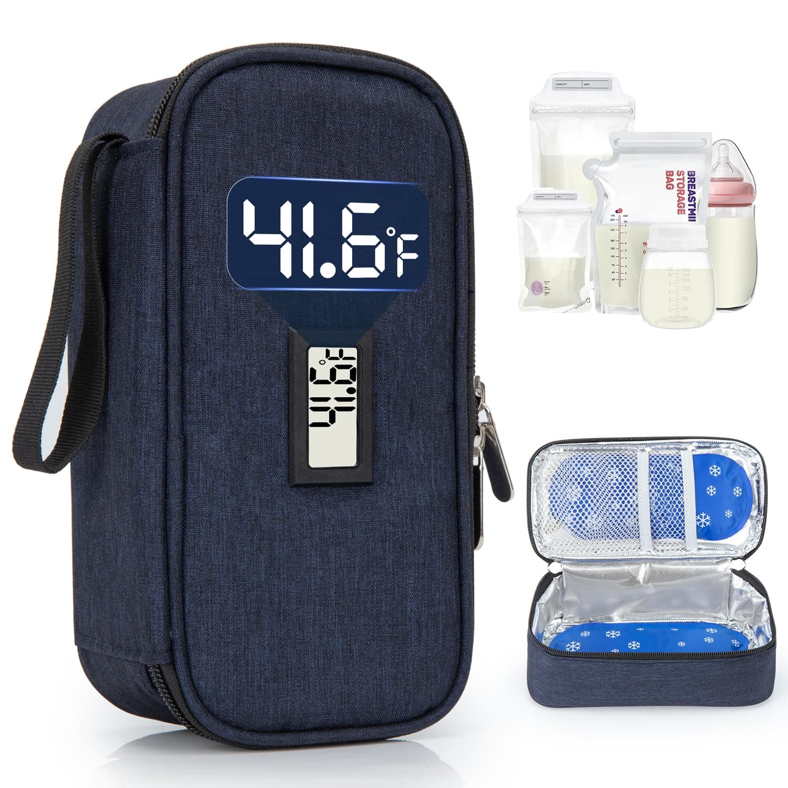 WIBOND Breast Milk Cooler Travel Bag, Real-Time Temperature Display, Holds 4-6 Breastmilk Storage Bag with 2 Breast Milk Ice Pack, Cooling & Waterproof Portable Cooler for Moms on the Go (Navy Blue)