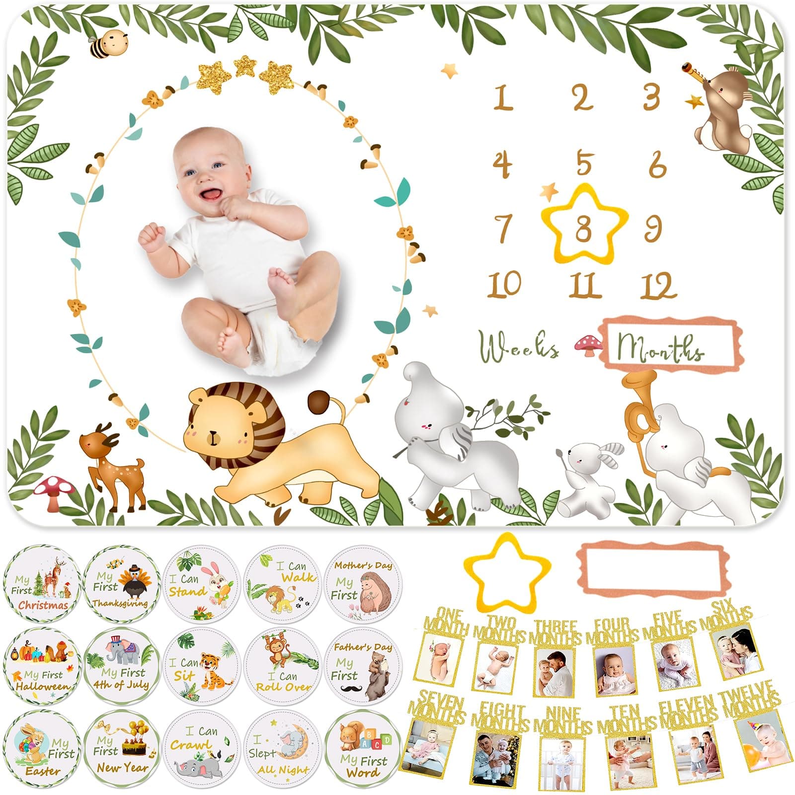 Baby Monthly Milestone Blanket 60"x40", Soft Flannel 1-12 Months Growth Chart with 12 Photo Banners & 8 Double-Sided Milestone Cards(16 Markers), Newborn Photography Backdrop Baby Keepsake Photo Prop