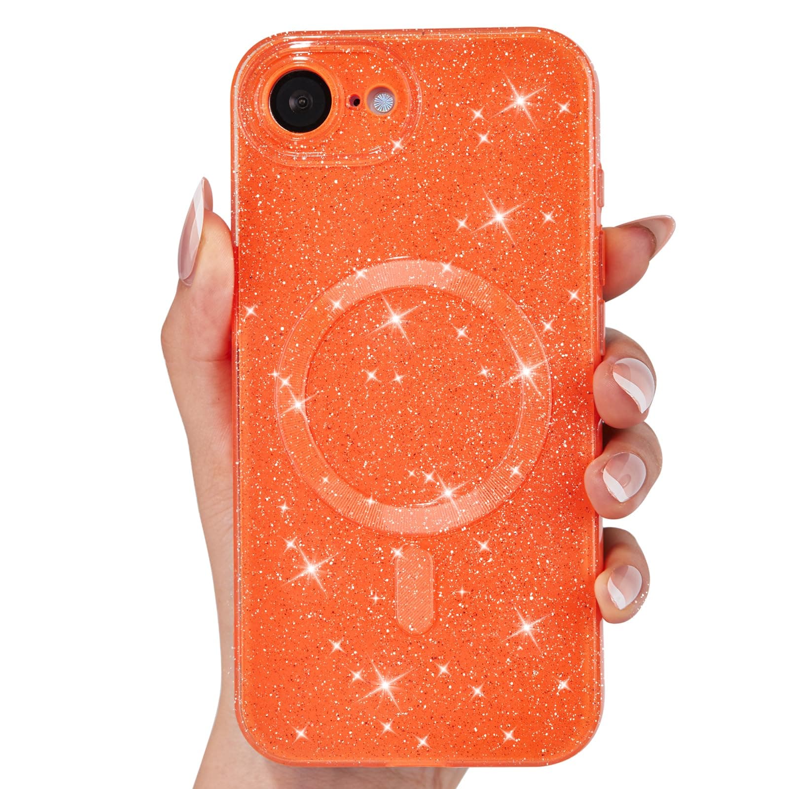 Svanove Glitter Case for iPhone 17e 16e Phone Case Magnetic Compatible with Magsafe, Sparkly Bling Shiny Sparkle Girly Cute Cases for Women, Bright Silicone Rubber Gel Hard Mag Safe Cover, Neon Orange