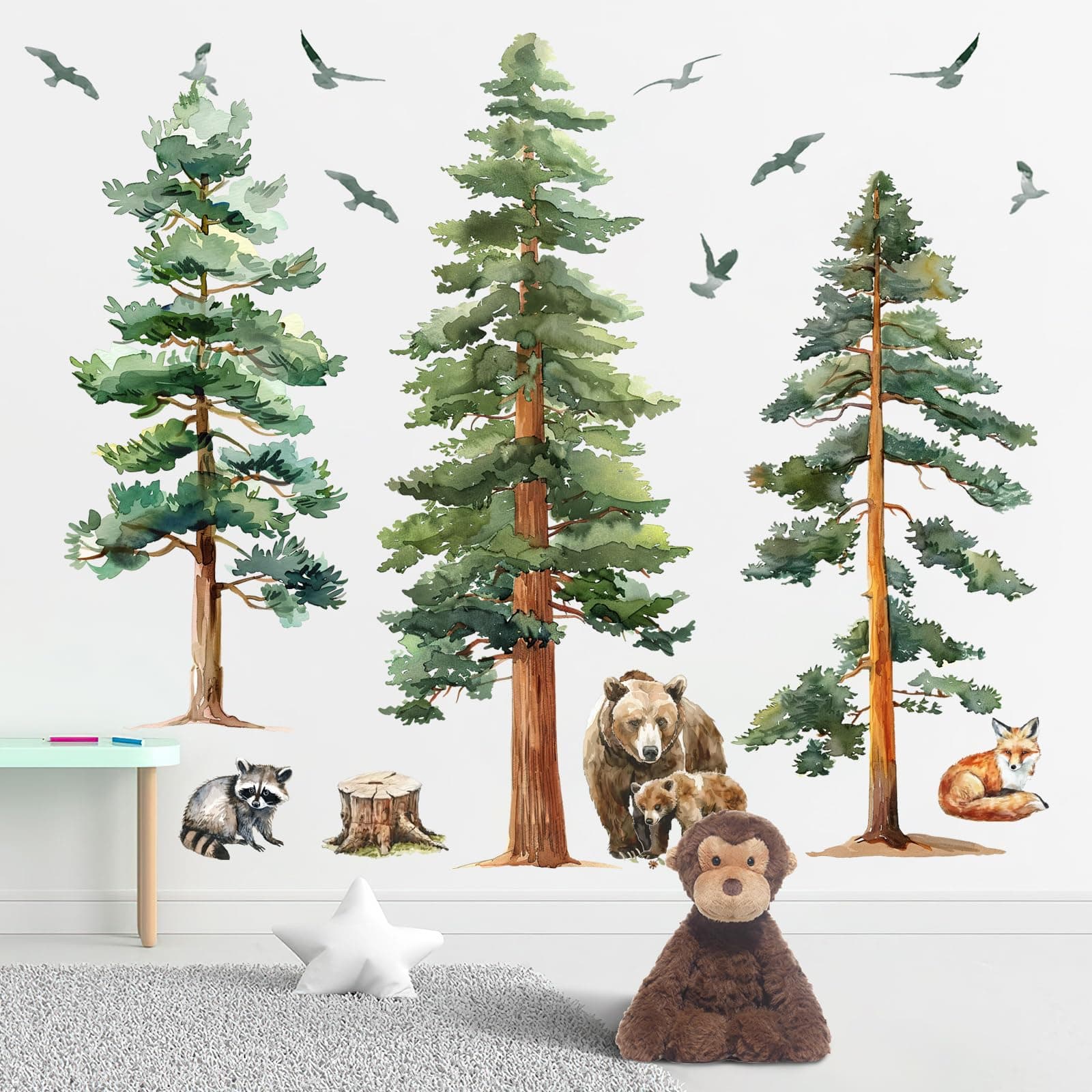 Mfault Watercolor Forest Animal Wall Decals Stickers, Woodland Pine Tree Bear Fox Raccoon Nursery Decorations Bedroom Art, Wildlife Birds Stump Baby Toddler Kids Room Playroom Decor