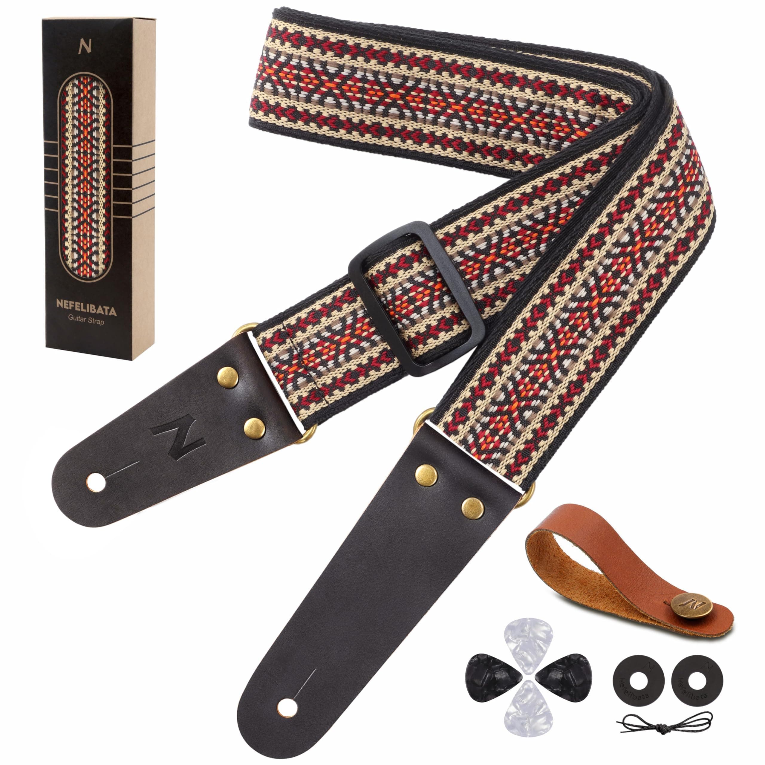 Nefelibata Guitar Strap, Vintage Cotton Guitar Straps with Head Cowhide Leather Ends for Bass, Electric & Acoustic Guitars, Free Strap Button, 1 Pair Strap Locks and 4 Guitar Picks