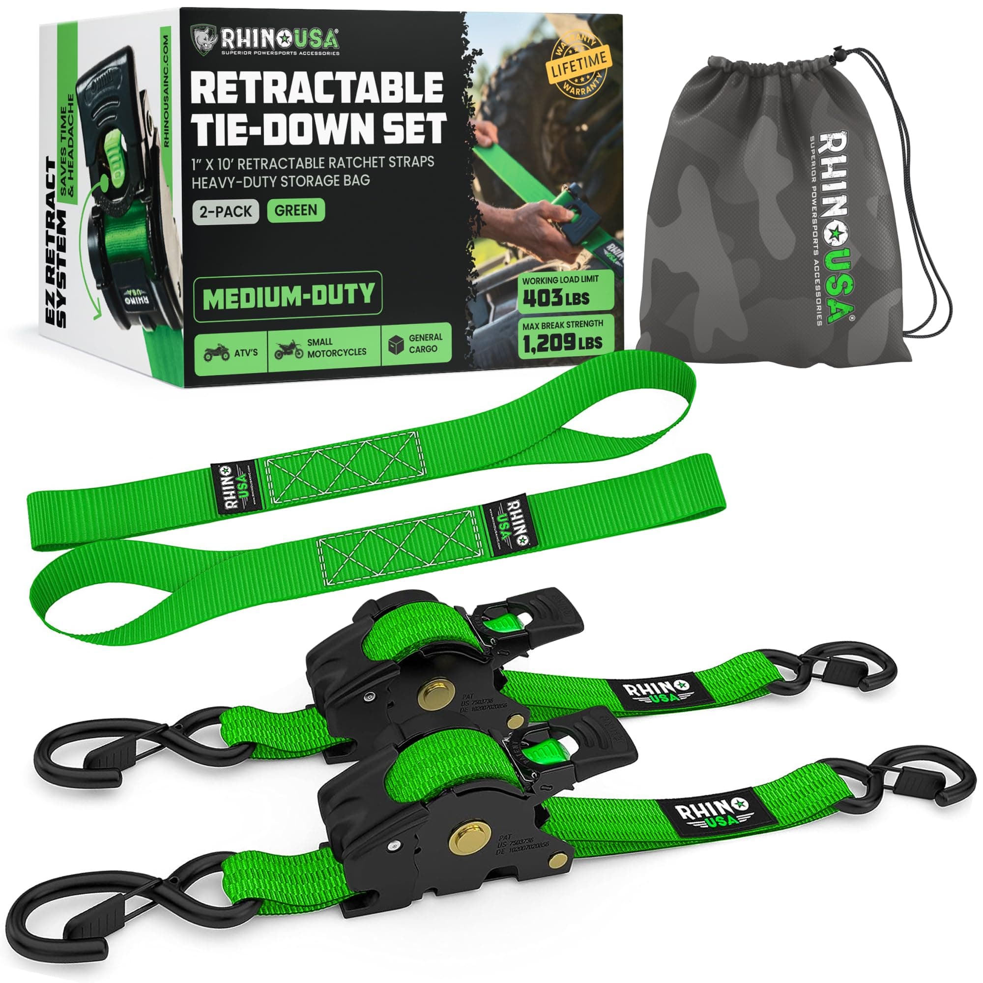 Rhino USA Retractable Ratchet Straps (2-Pack) - 1in x 10ft, 1,209lb, Green