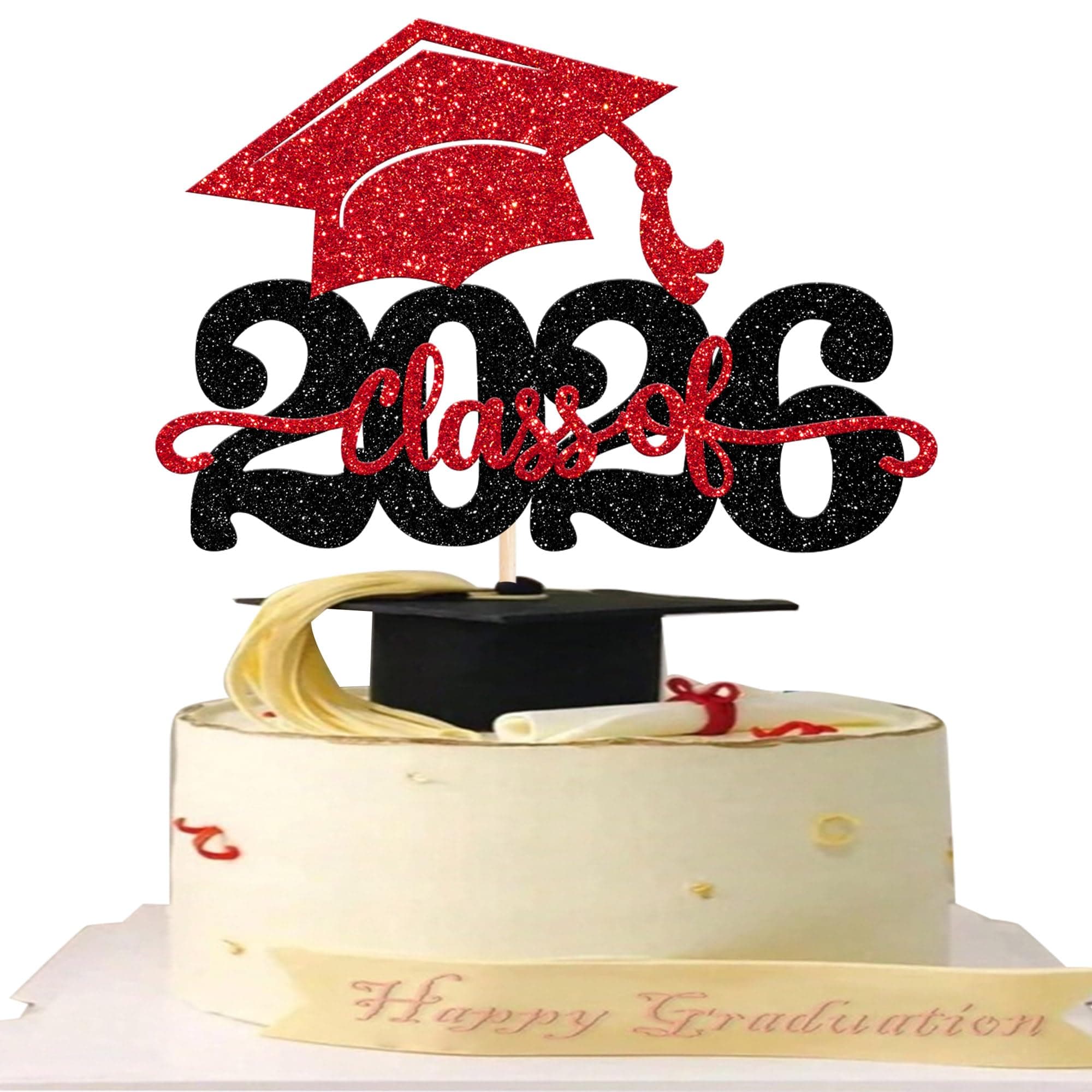 YCTHUNFISH 1 Pack Class of 2026 Cake Topper Glitter Congrats Grad Cap 2026 Graduation Cake Pick for 2026 Graduation Theme High School Boys Girls Graduate Party Cake Decorations Supplies Red