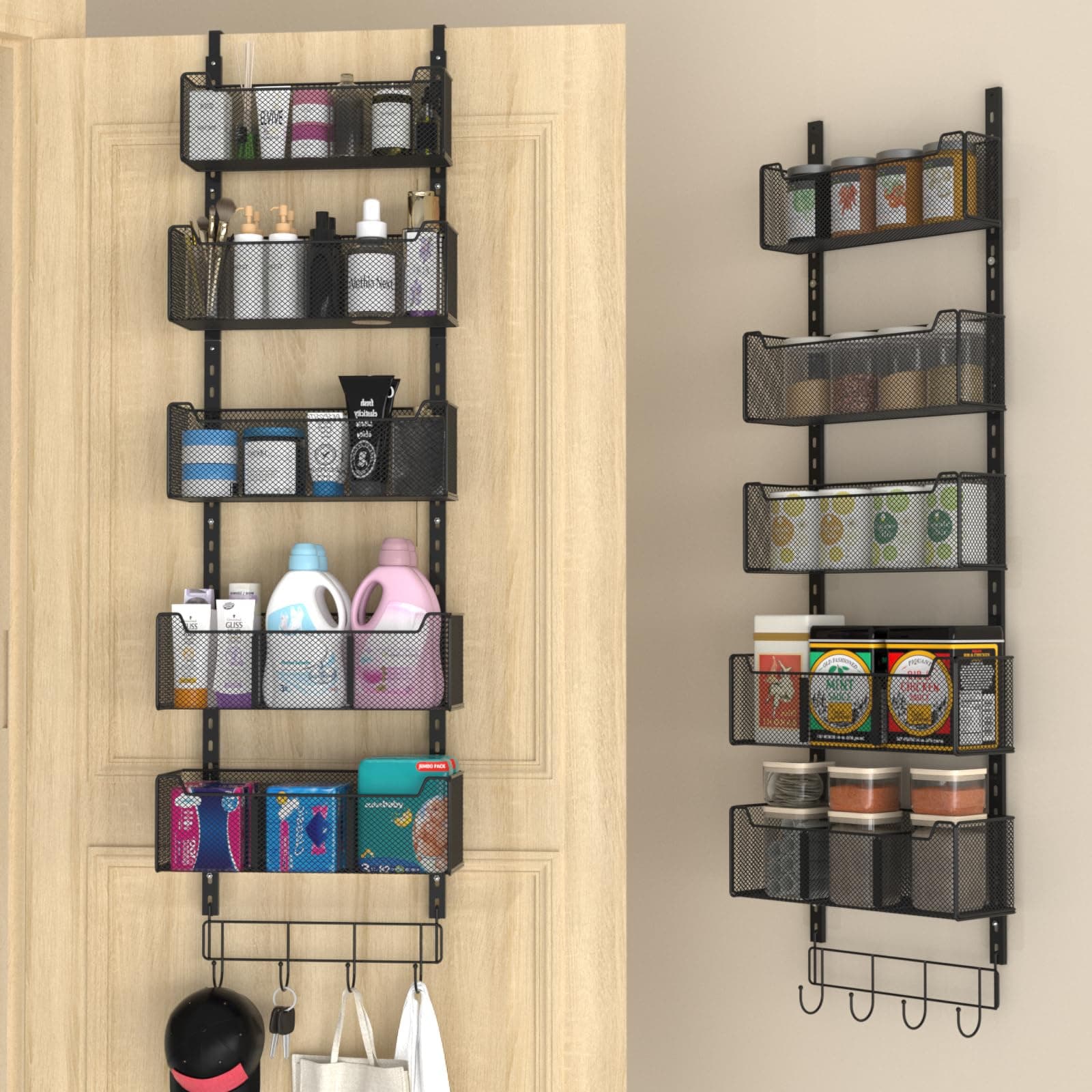 VyGrow Over The Door Organizer, Metal Door Organizer Hanging with 5 Adjustable Baskets and Coat Hook, Black