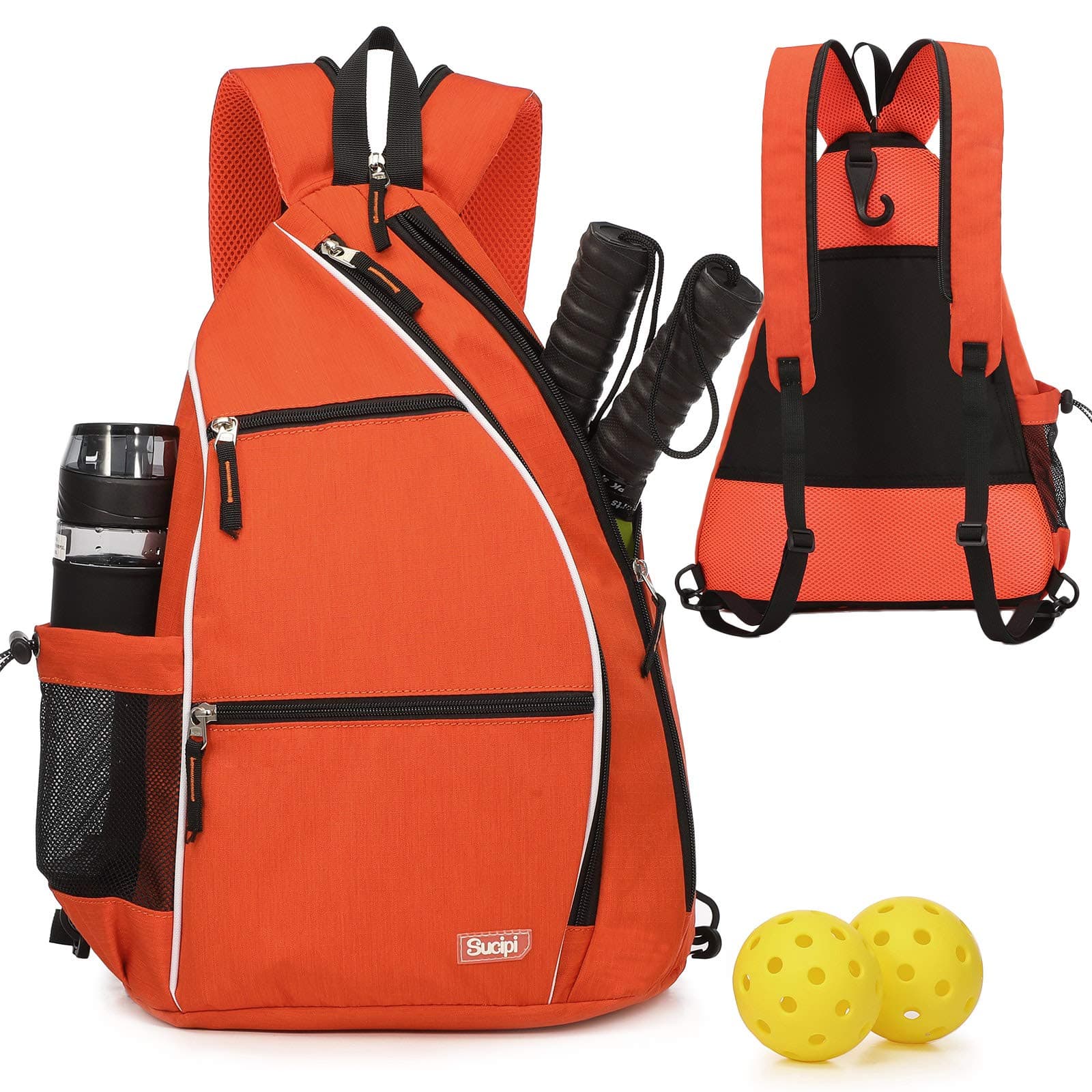 Sucipi Pickleball Bag - Men's -Women's Pickleball Backpack, Adjustable Sling Bag w/Fence Hook/Large Capacity/Safety Pocket-Orange