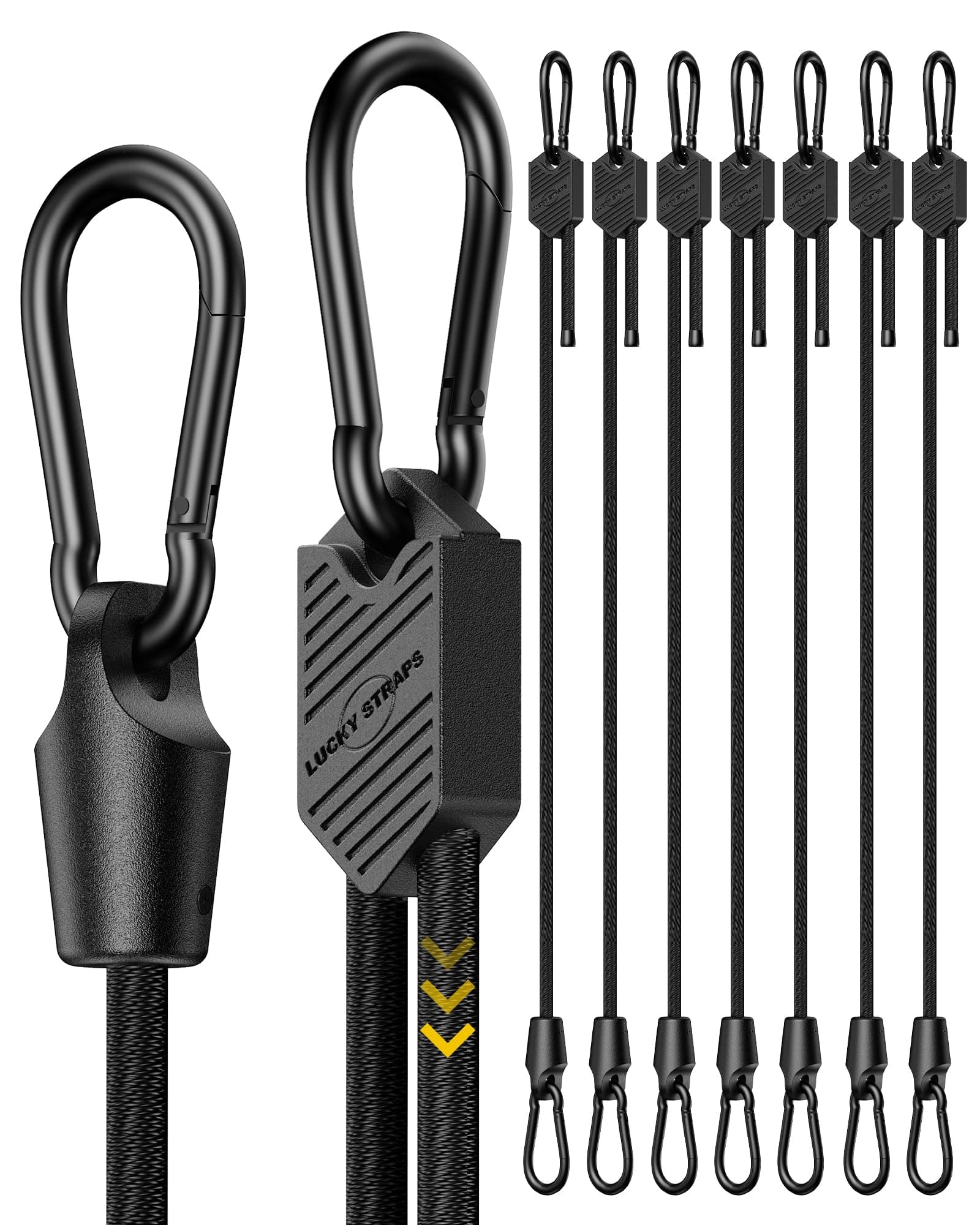 Lucky Straps 24" Black Adjustable Carabiner Bungee Cords with Hooks, 8 Pack
