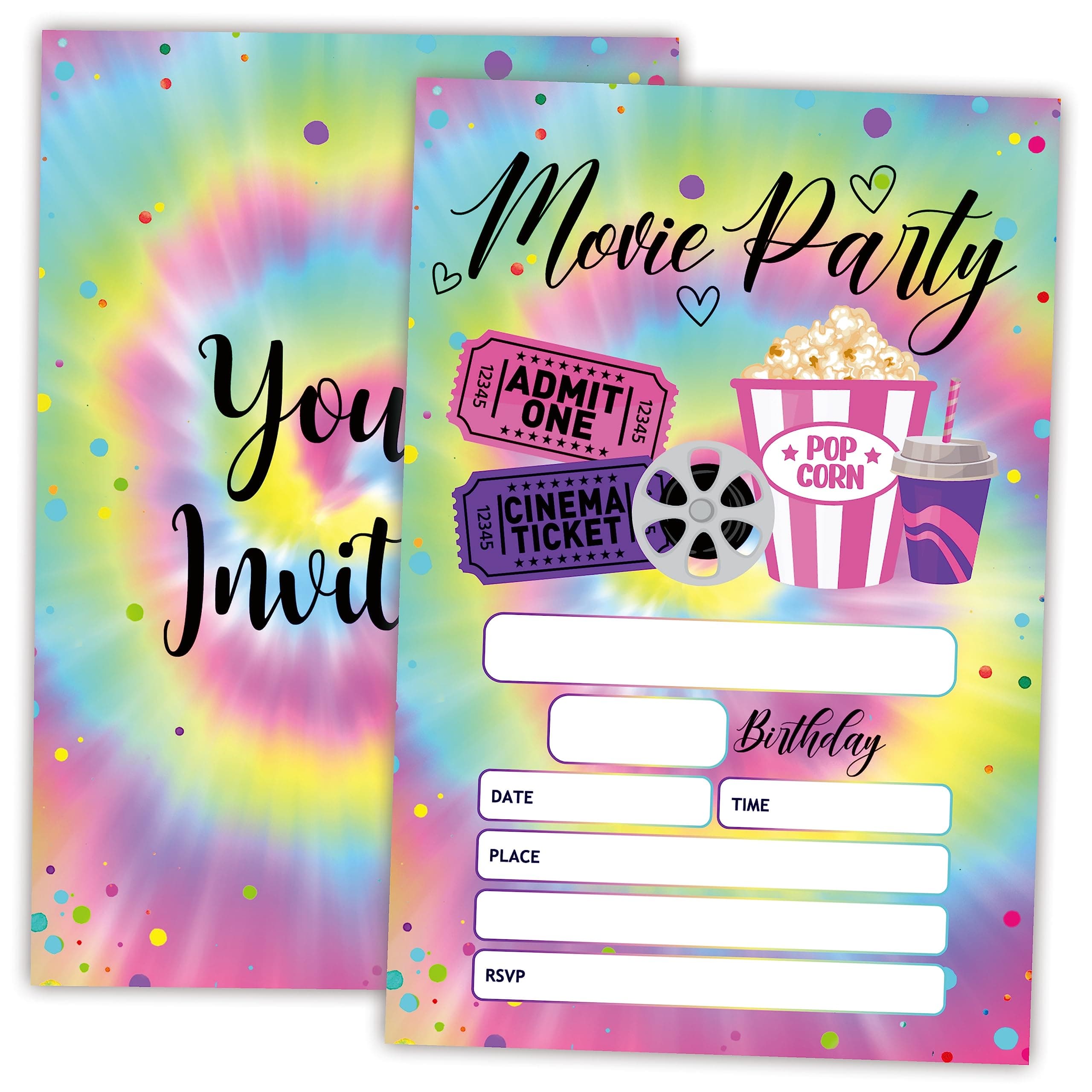 AWSICE Tie Dye Movie Party Birthday Invitations, Double-Sided Fill-In Invite Cards For Birthday Party，Boys, Girls, Kids,Teen, 20 Invitations With Envelopes, Decorations,Party Favor And Supply-A08