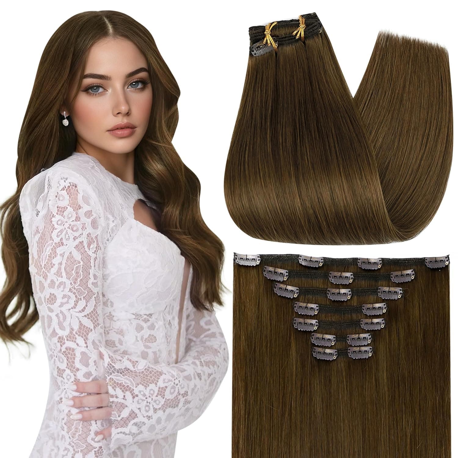 Full Shine Light Brown Hair Extensions Clip ins, Long, 24 Inch