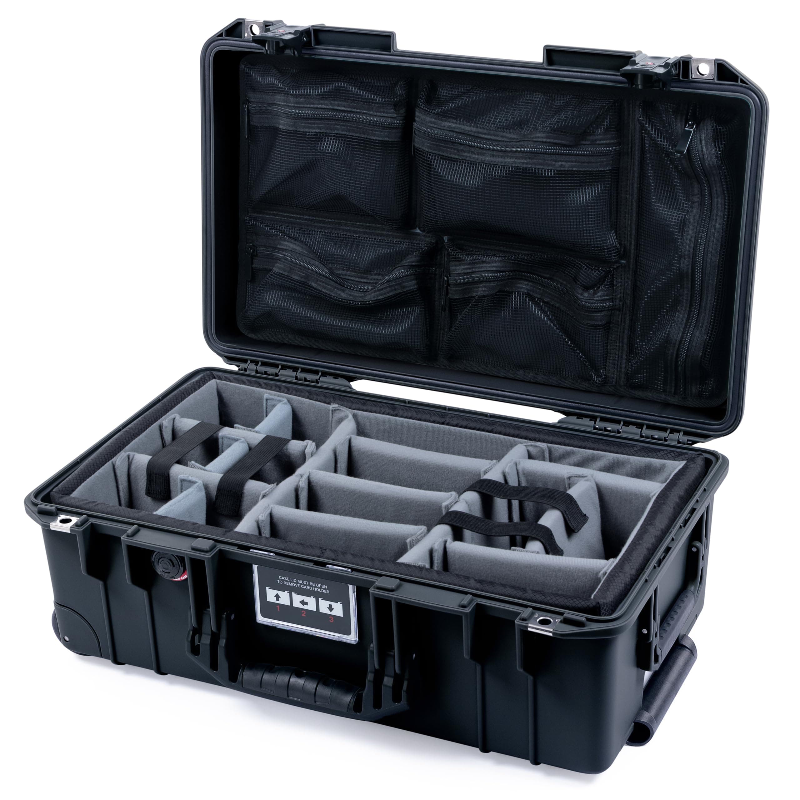 Pelican Air 1535 Carry-on Case by ColorCase - Black - Medium Size Waterproof Case with Gray Padded Microfiber Dividers & Mesh Lid Organizer - Black Handles & TSA Locking Latches