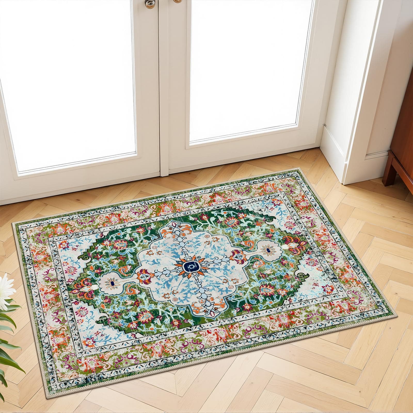 U'Artlines 2 x 3 ft Hallway Runner Rug, Non Slip Washable Vintage Farmhouse Kitchen Rug Accent Area Carpet for Entryway Laundry and Living Room (Green)