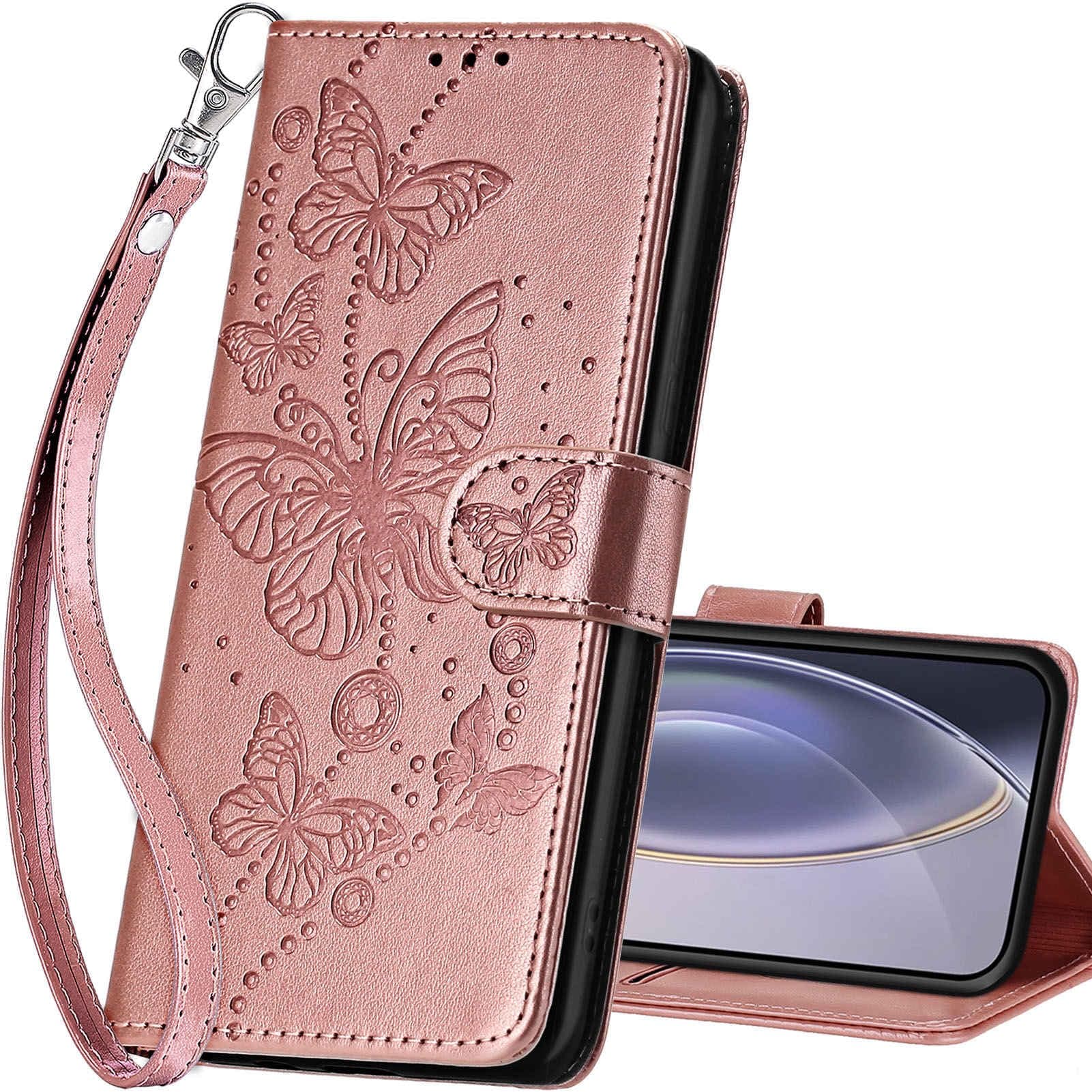 SASYMALY for iPhone 16 Pro Max Wallet case, Flip Folio Cover with Stand Feature for Women Men, PU Leather Phone Case Fit for iPhone 16 Pro Max 6.7'' [Rose Gold-Butterfly]