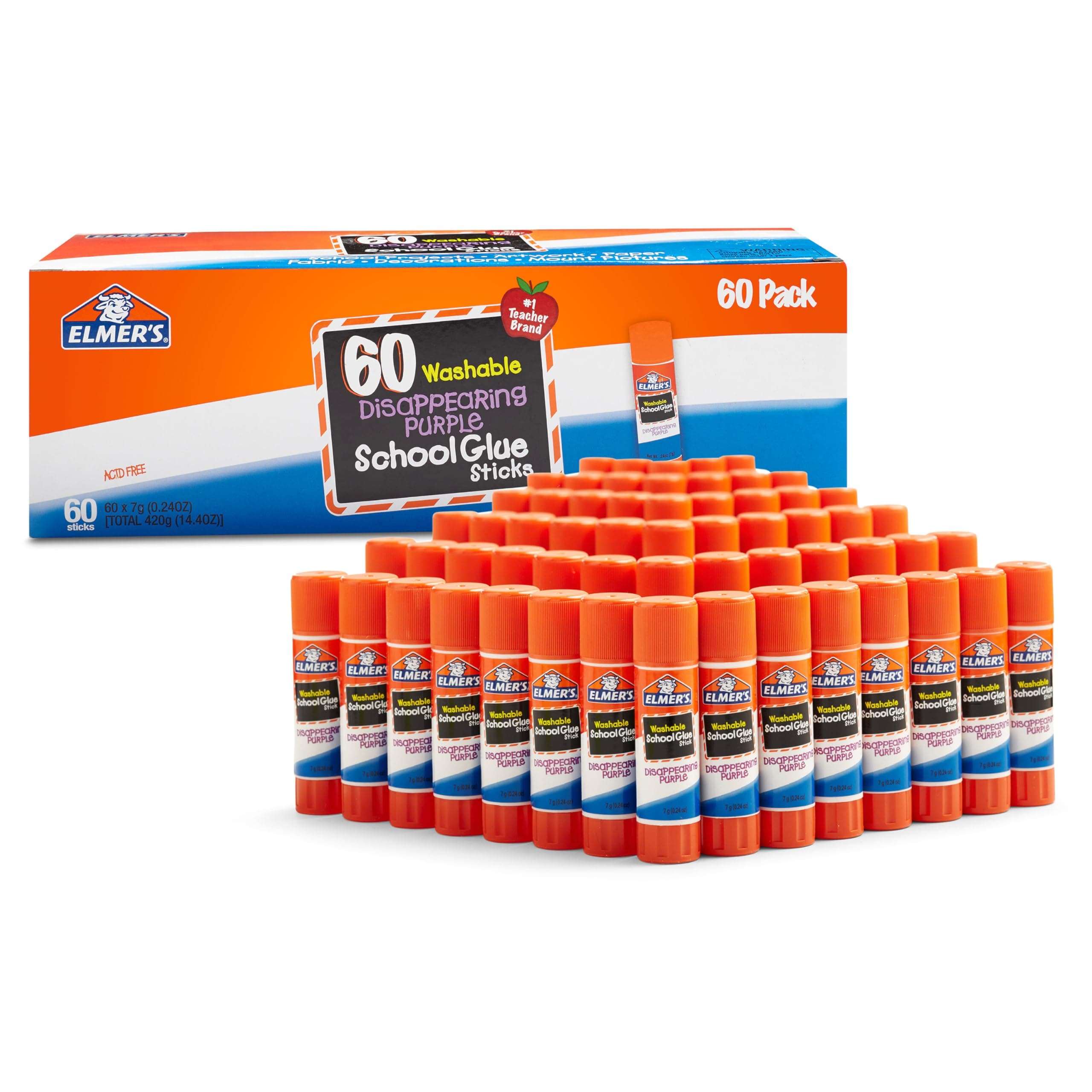 Elmer's Disappearing Purple School Glue Sticks, Washable, 7 Grams, 60 Count - Poster, Vision Board, Back to School Supplies, #1 Teacher Brand