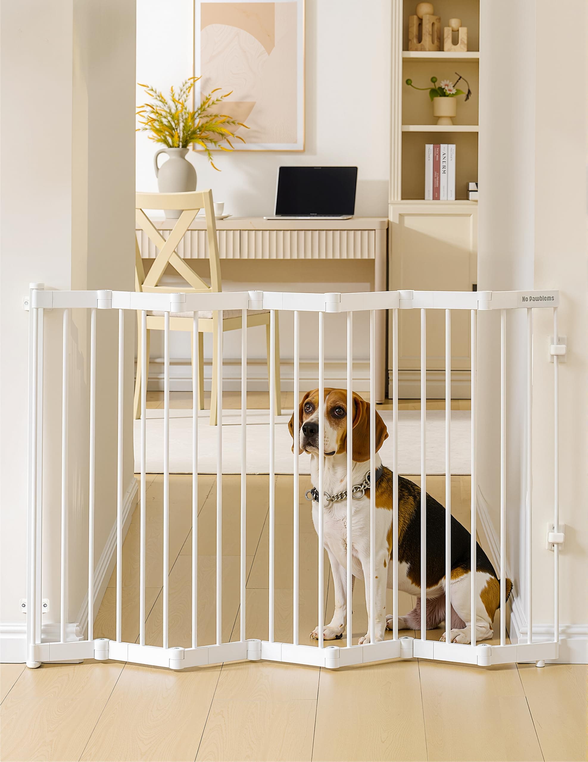 No Pawblems Retractable Safety Gate, Metal Adjustable Dog Gate for Doorways, Stairs & Hallways, Expands to 45" Wide, Auto Retract Design, No Bottom Bar, White