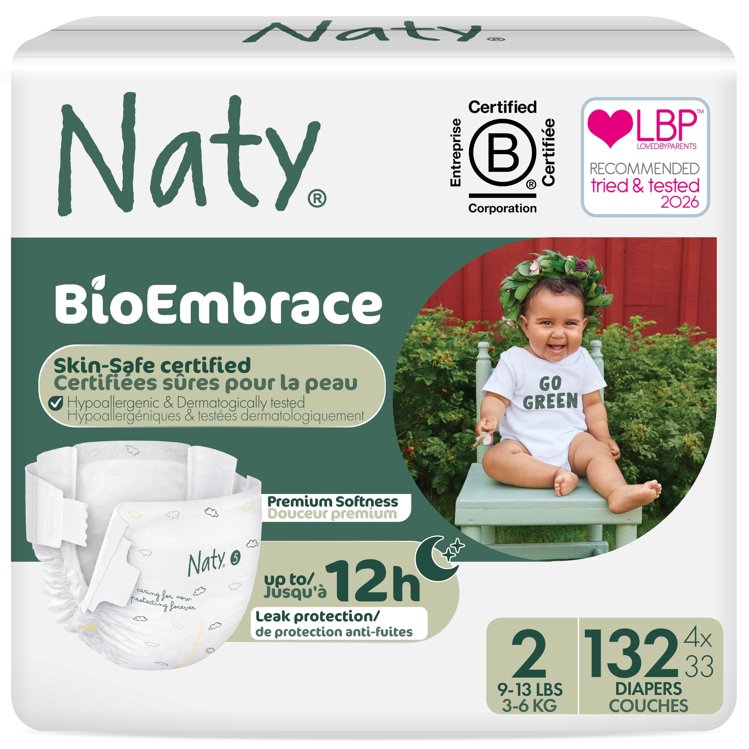 Naty BioEmbrace Baby Newborn Diapers, Size 2 (6-13 lbs), 132 Count