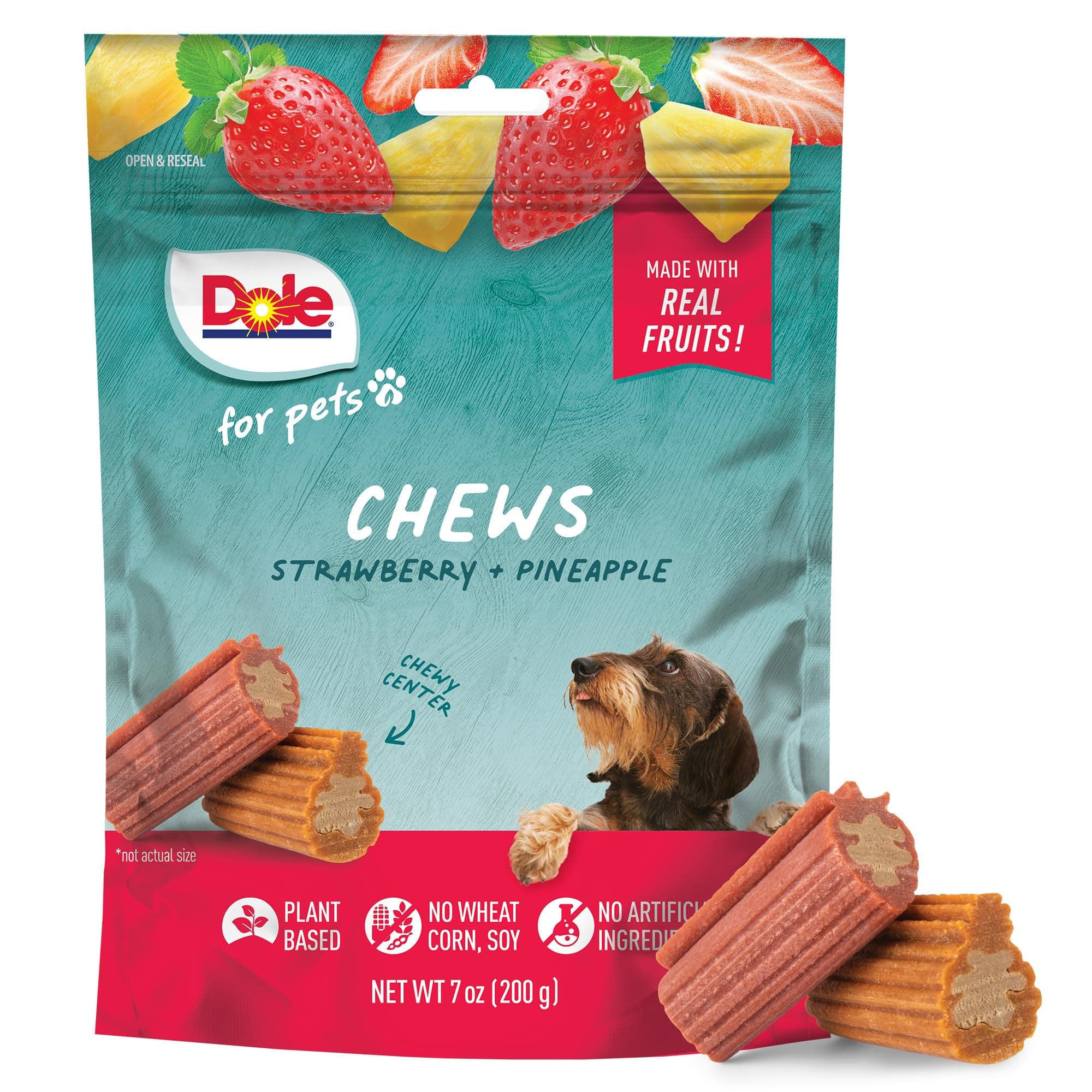 Dole for Pets Dog Chews, Assorted Strawberry + Pineapple Fruit-Flavored Treats, Real Fruit Flavor, No Artificial Colors Flavors or Preservatives, No Wheat Corn Soy, 7.05 Oz Bag