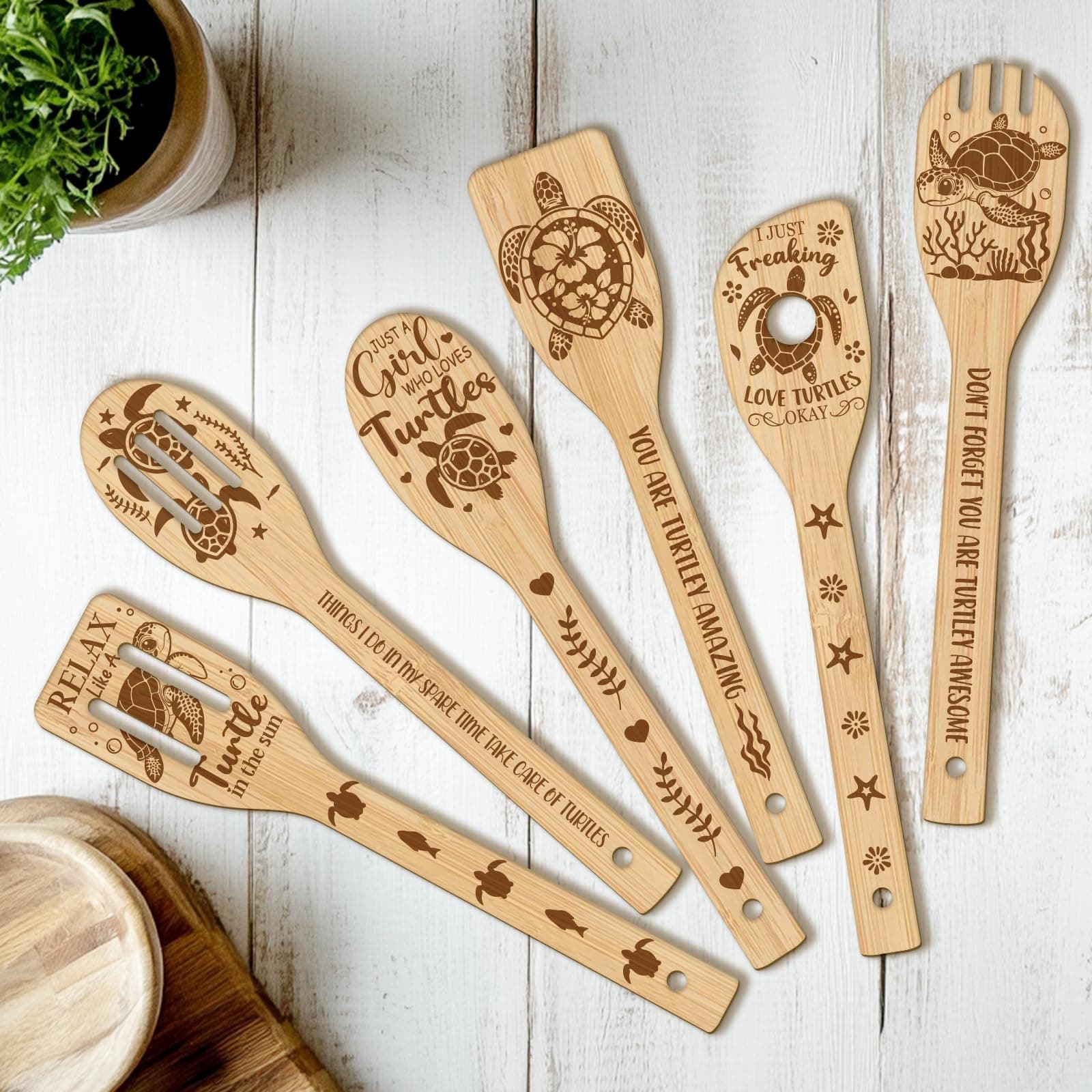 CUTHOLLOW 6PCS Turtle Wooden Kitchen Cooking Utensil Set