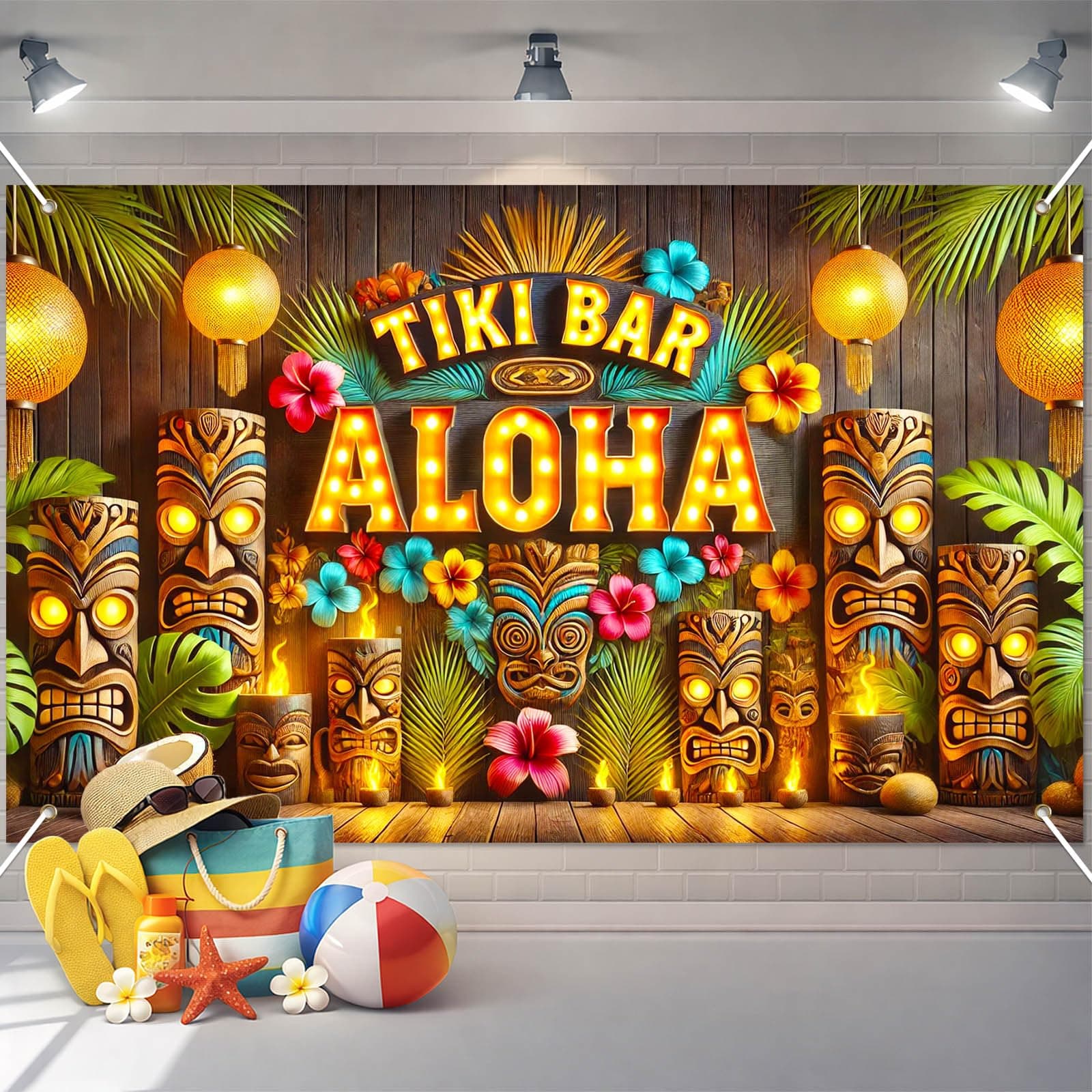 BlissYard Luau Party Decorations 71 x 43 Inch Aloha Banner Summer Tiki Backdrop Hawaiian Luau Party Decorations Seasonal Wall Hanging Decor Hello Summer Tropical Banner with Tiki Totem for Beach Party