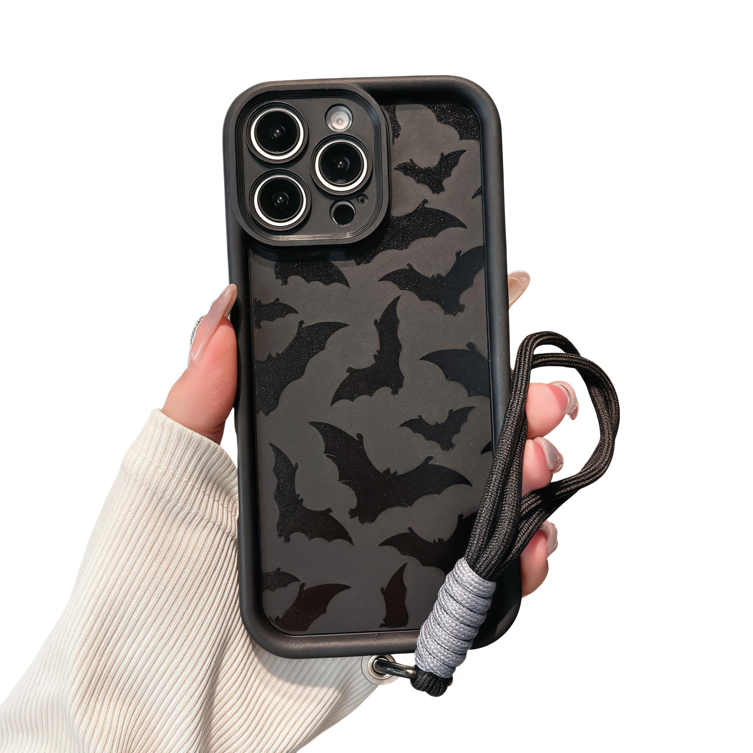 FXFOOT Aesthetic Black Bat Phone Case Compatible for iPhone 15 Pro Max Case, with Adjustable Anti-Drop Wrist Strap - Full-Body Shockproof Protection, Raised Camera & Edge Guards