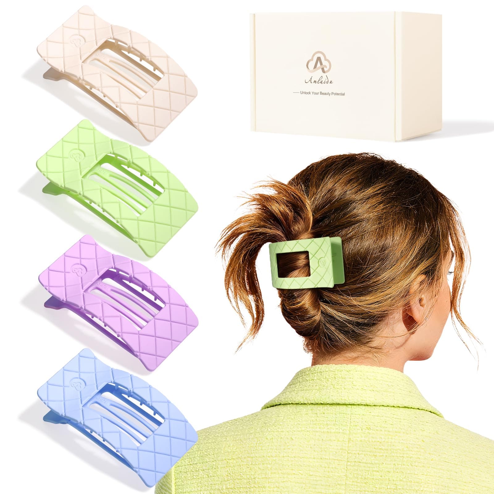 Amlaidu French Flat Hair Clips for Women Girls, Large Square Lay Down Claw Clips for Thick Thin Hair, Cozy Side Duckbill Hairclips, Strong Hold Non Slip Hair Pins - Matte Pastel, 4 Pcs