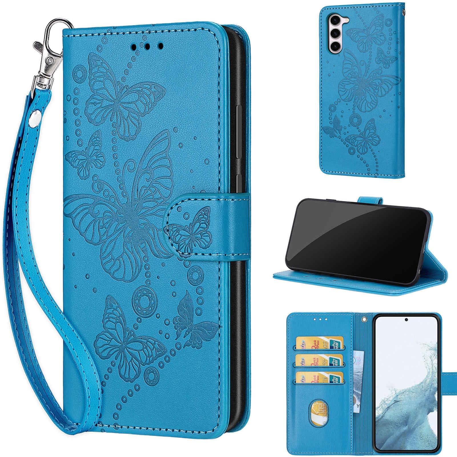 Designed for Samsung Galaxy S23 5G Case Wallet,Women Flip Folio Cover with Embossed PU Leather Stand Credit Card Holders Slots Wrist Strap Phone Case for Samsung S23 5G 6.1 Inch (Blue Butterfly)
