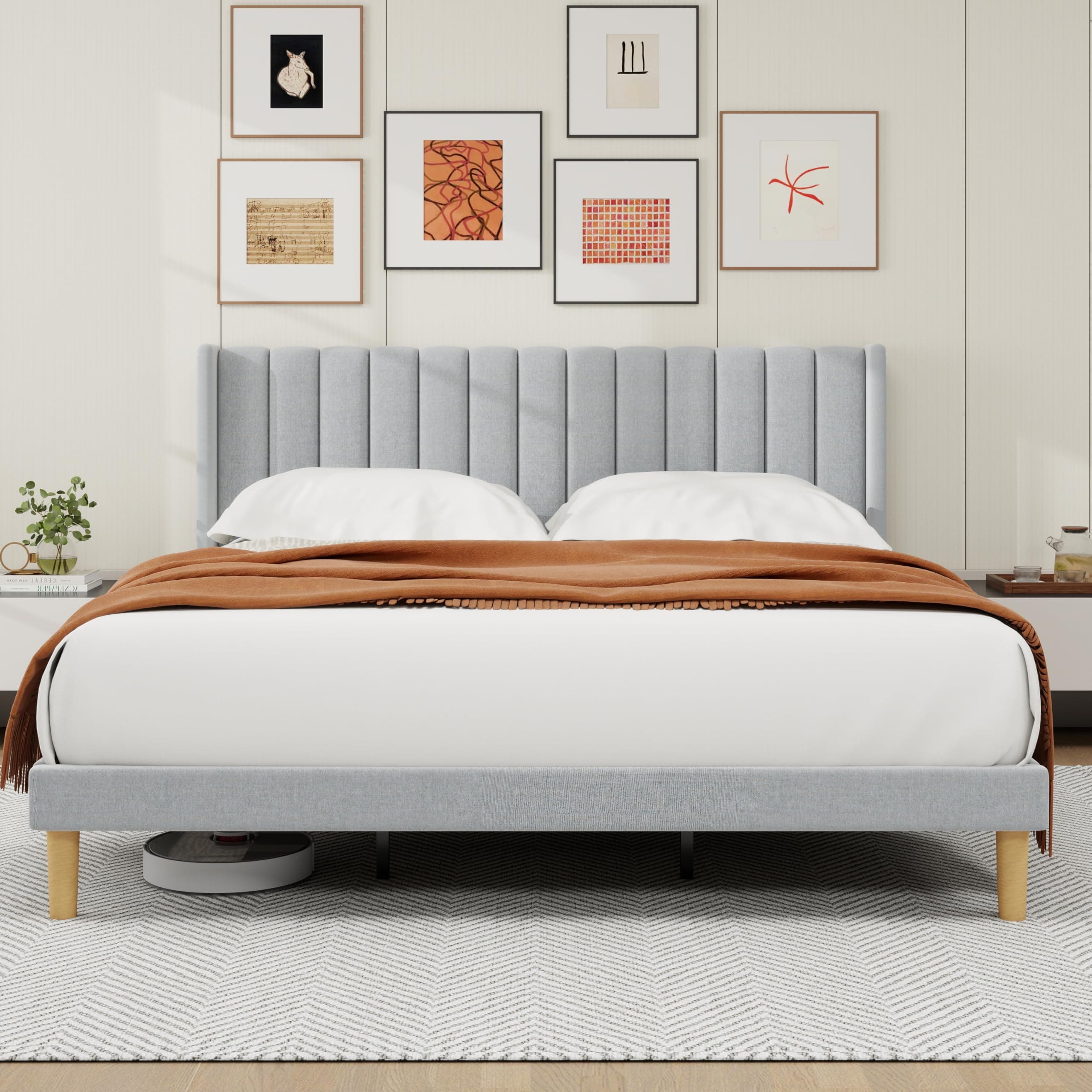 alazyhome King Bed Frame with Linen Upholstered Headboard, Light Gray