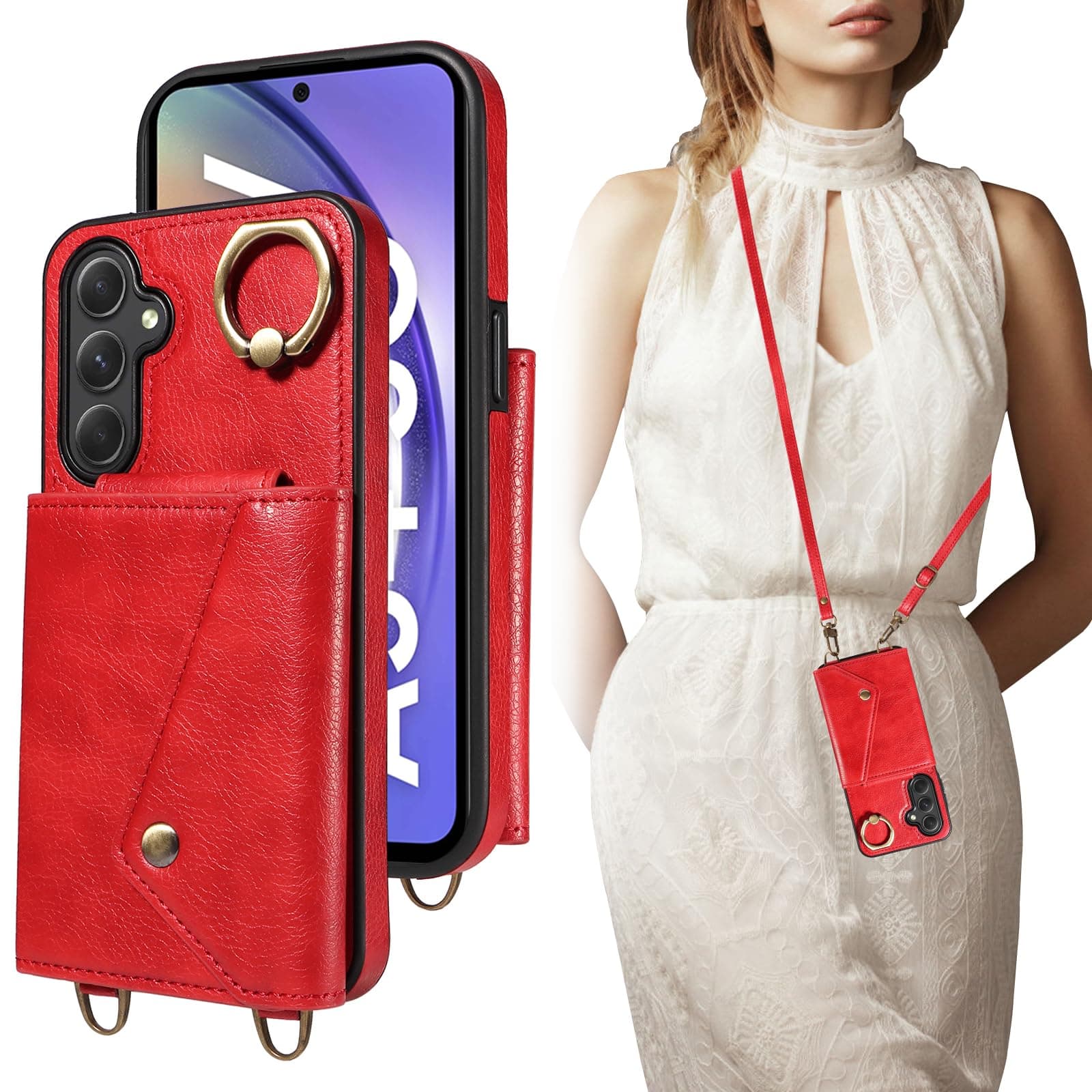 YIRRANZD Crossbody Wallet Case for Samsung Galaxy S24 with Card Holder, Leather Case with Long Shoulder Strap, Purse Shockproof Flip Cover for Samsung S24 (Red)