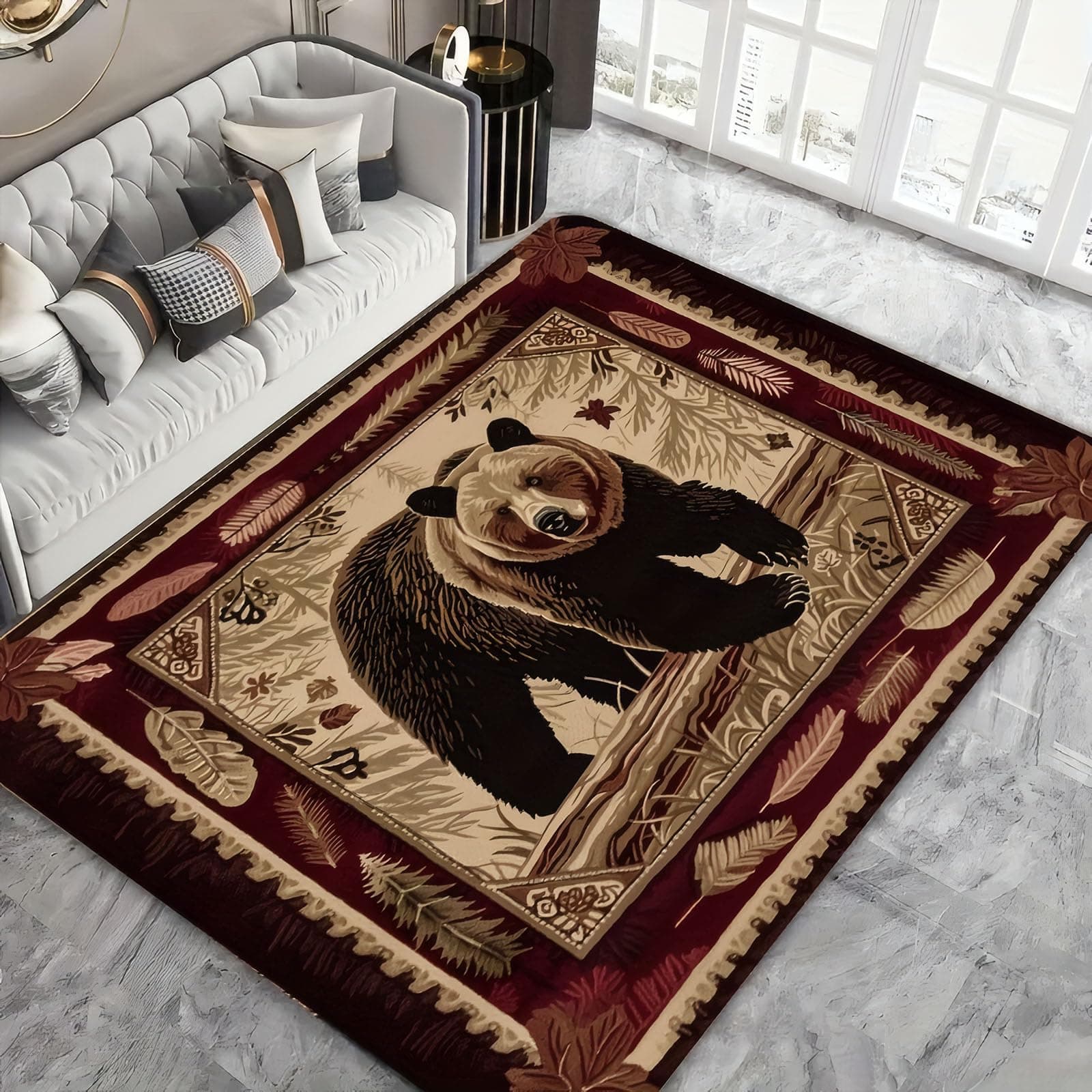 Area Rugs 2x5 Washable Non-Slip, Floral Vintage Print Runner Rug, Low Pile Kitchen Rugs Throw Carpet for Living Room Entryway Bedroom Dining Room (Brown Bear Pattern, 3.3' x 5.3' (Rectangular))