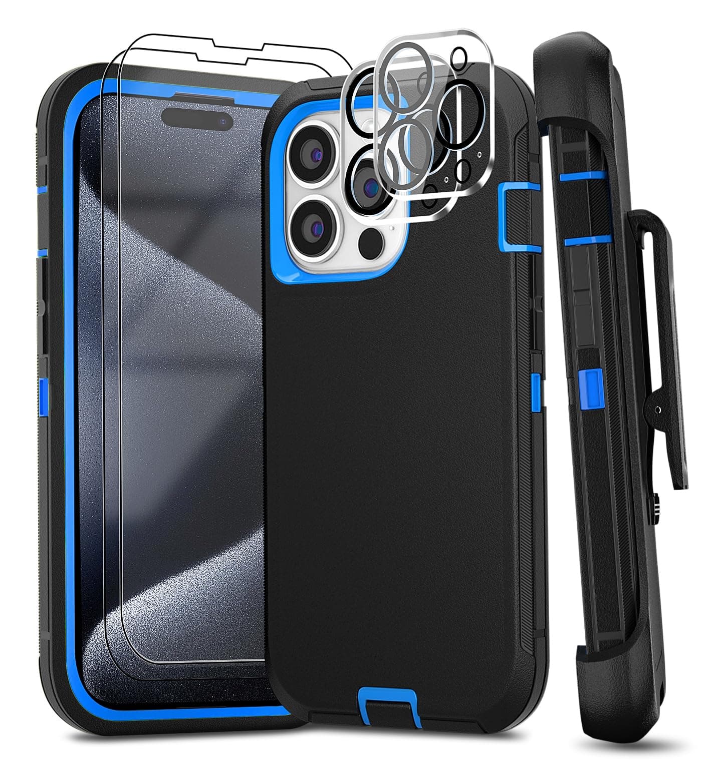 BypaBox for iPhone 15 Pro Max Case with Belt Clip Kickstand Holster, 2 Camera Lens Protector & 2 Screen Protector, Heavy Duty Full Body Protective Phone Case 6.7" (Belt Clip,Black Blue)