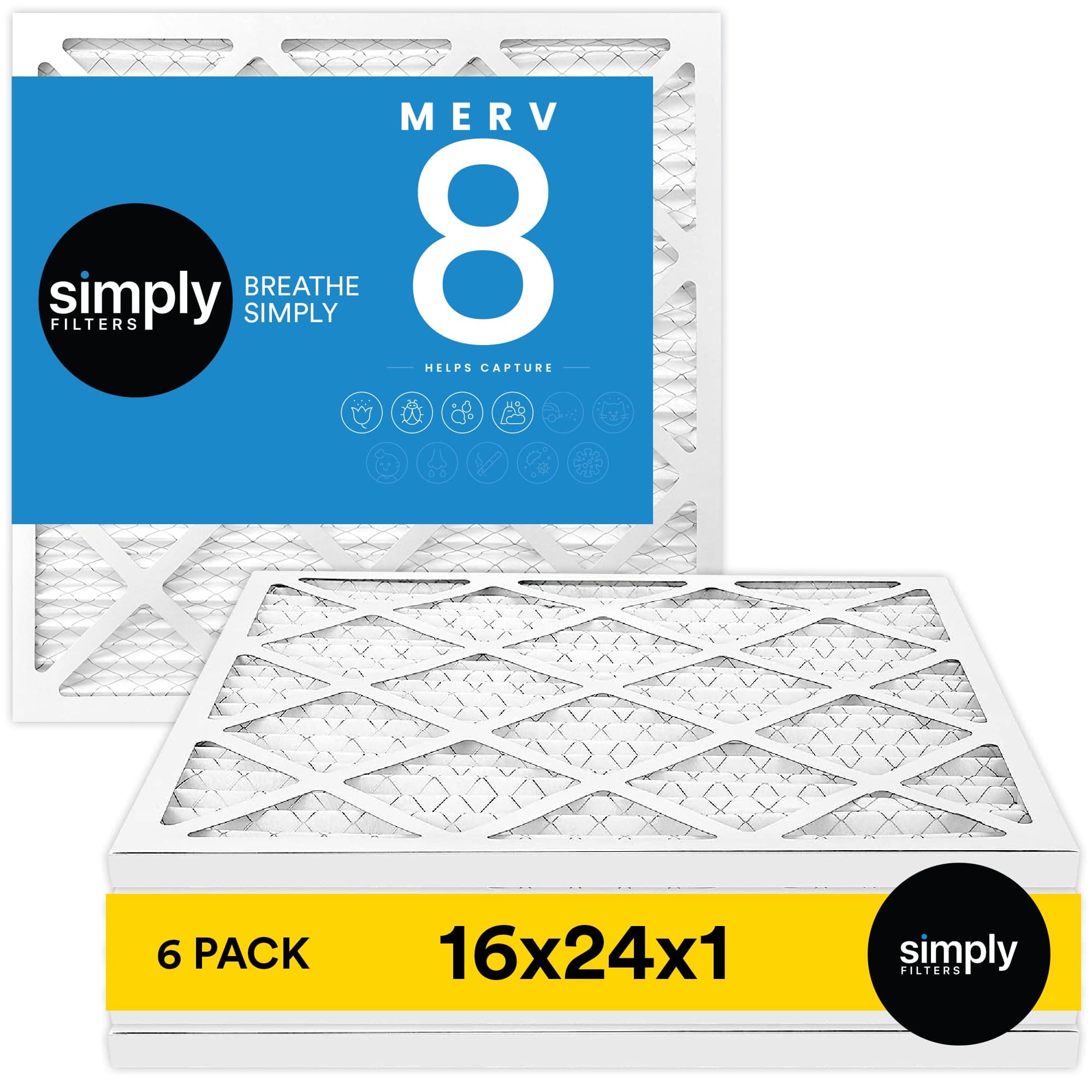 Simply 16x24x1 Air Filter, Merv 8, 6 Pack, Furnace Air Filter for HVAC (Actual Size: 15.75"x23.75"x0.75") DUST, Pet, & Allergy Control