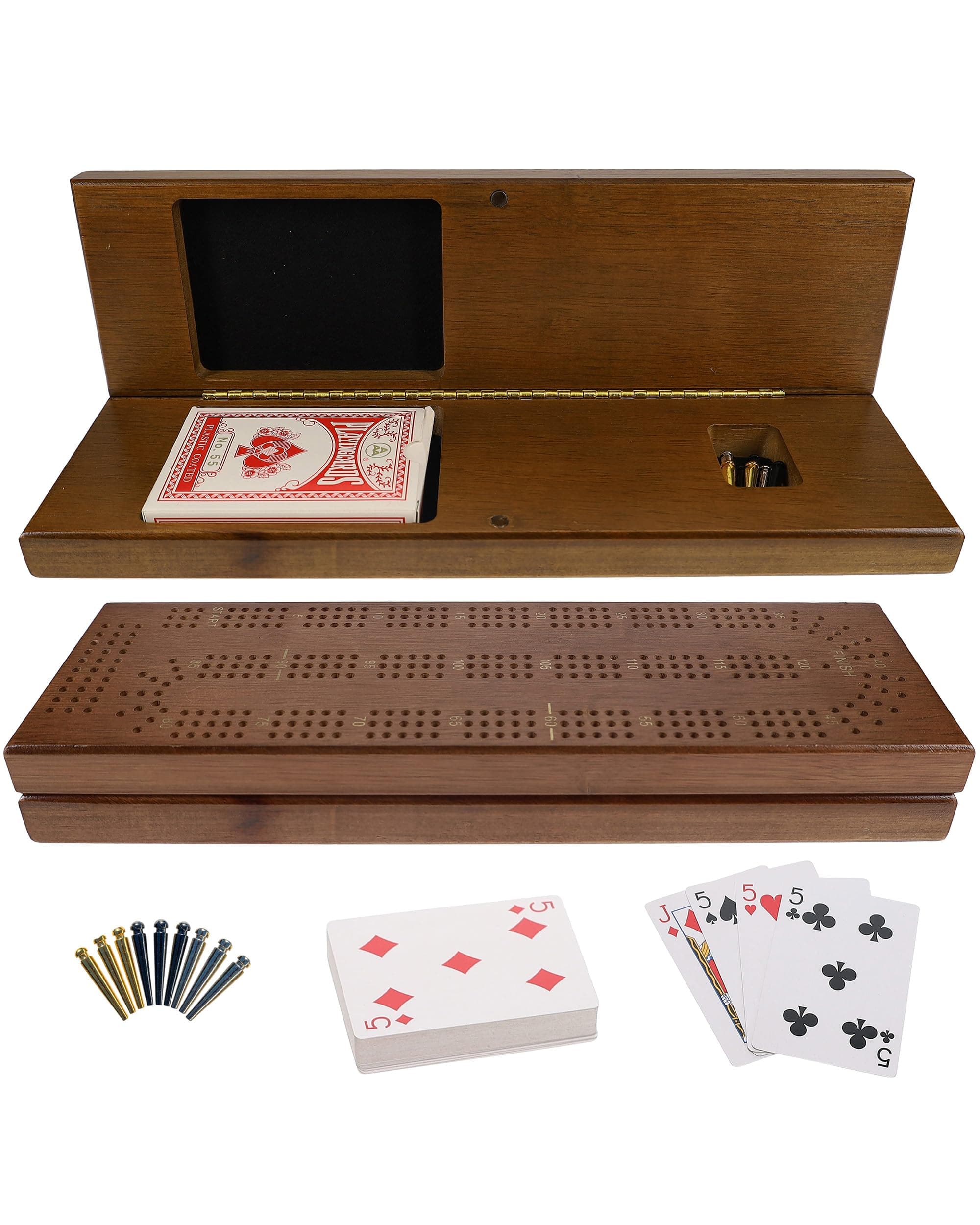 WE Games Wooden Cribbage Board Game Set with Storage, Walnut Stained Continuous 3 Track, Portable Travel Game Set for 2-3 Players