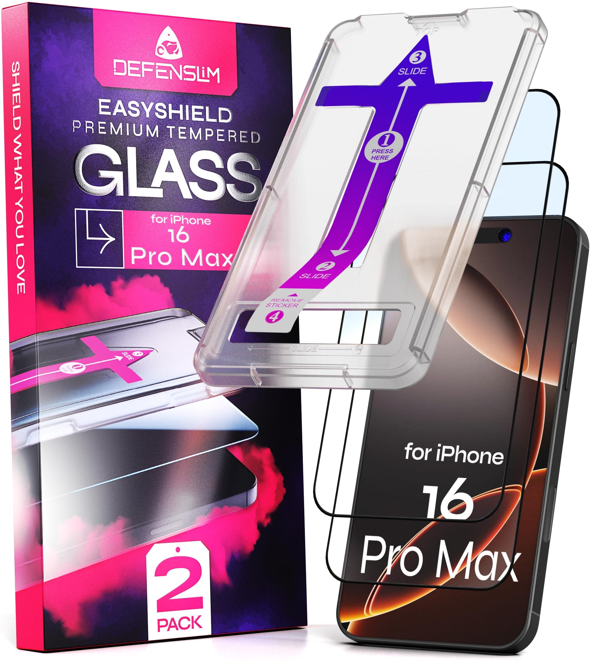 Defenslim EasyShield Screen Protector for iPhone 16 Pro Max, 2 Pack Glass