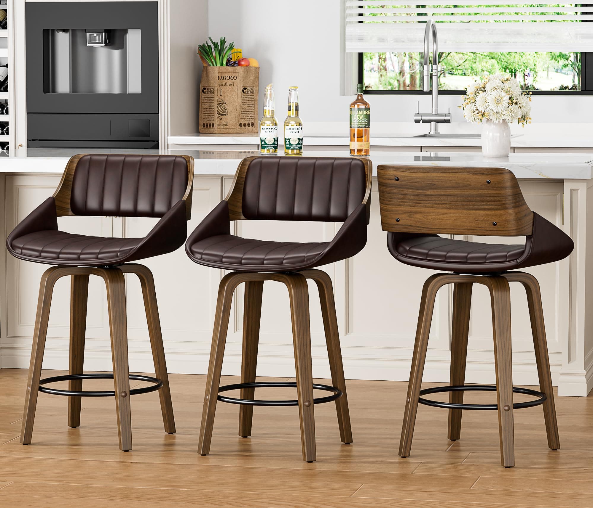 YaFiti Bar Stools Set of 3, 26" Bentwood Counter Height Barstools, Brown