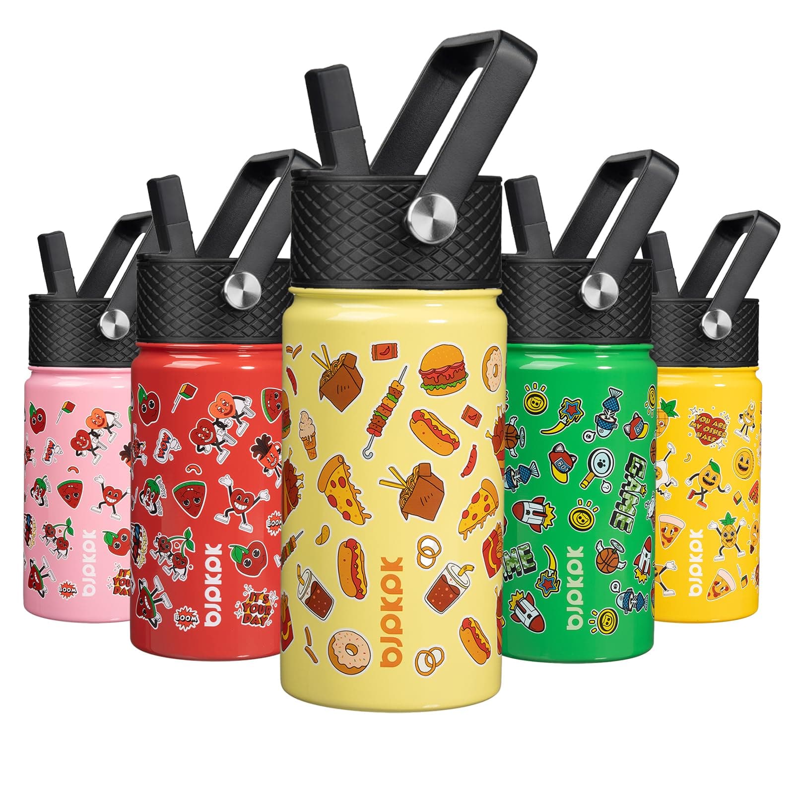 BJPKPK Kids Water Bottles, 15oz Water Bottles for Kids with Straw Lid, Stainless Steel Metal Water Bottles, Reusable Leak Proof BPA Free Water Bottles for School, Kids Thermos, Yummy