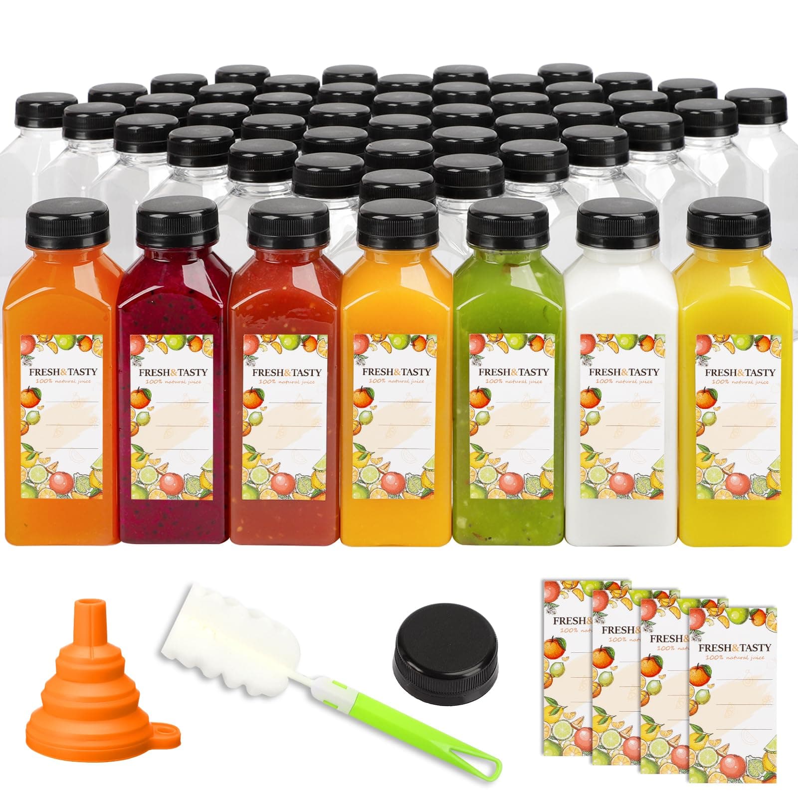 Tomnk 100pcs 12oz Empty Plastic Juice Bottles with Caps, Reusable Clear Bulk Beverage Containers with Lids, Label, Funnel and Brush for Juicing, Milk, Smoothie and Beverages