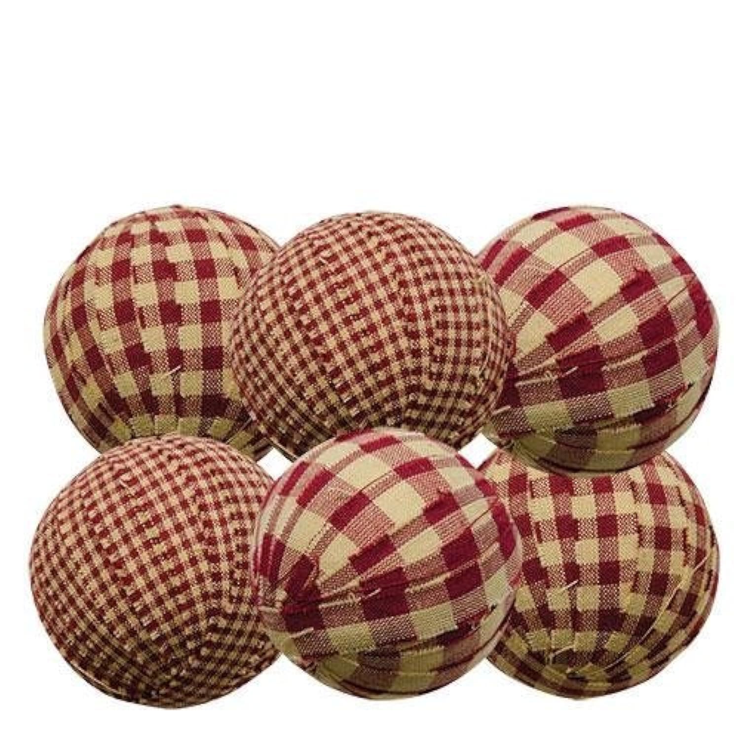 Rag Balls Set of 6 Burgundy Gingham 2.25 In. Diameter Bowl Filler Country Prim Decor