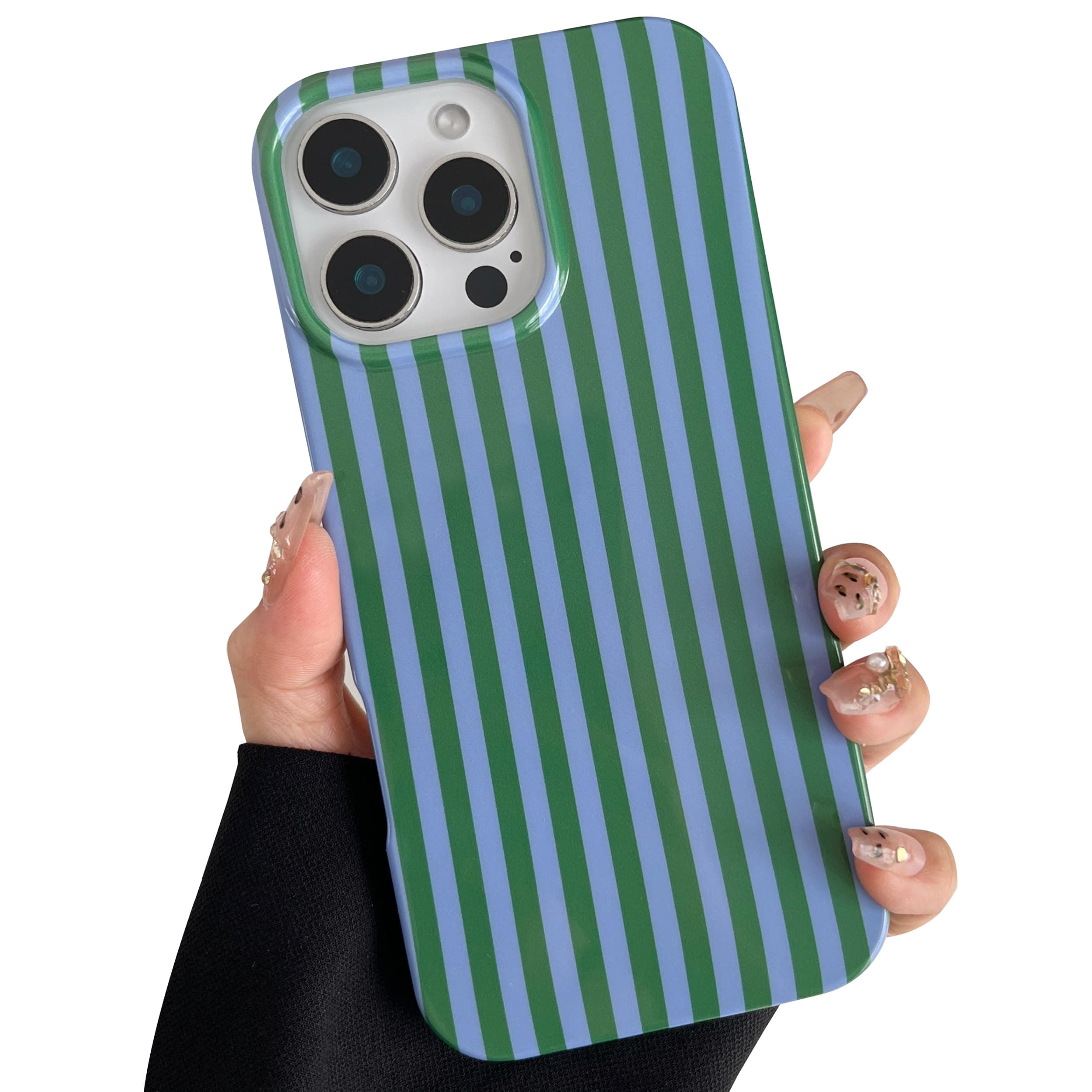 TQLGY for iPhone 16 Pro Max Case Cute Striped Phone Case Soft TPU Slim Shockproof Protective Cover for Women Girls, Green and Blue