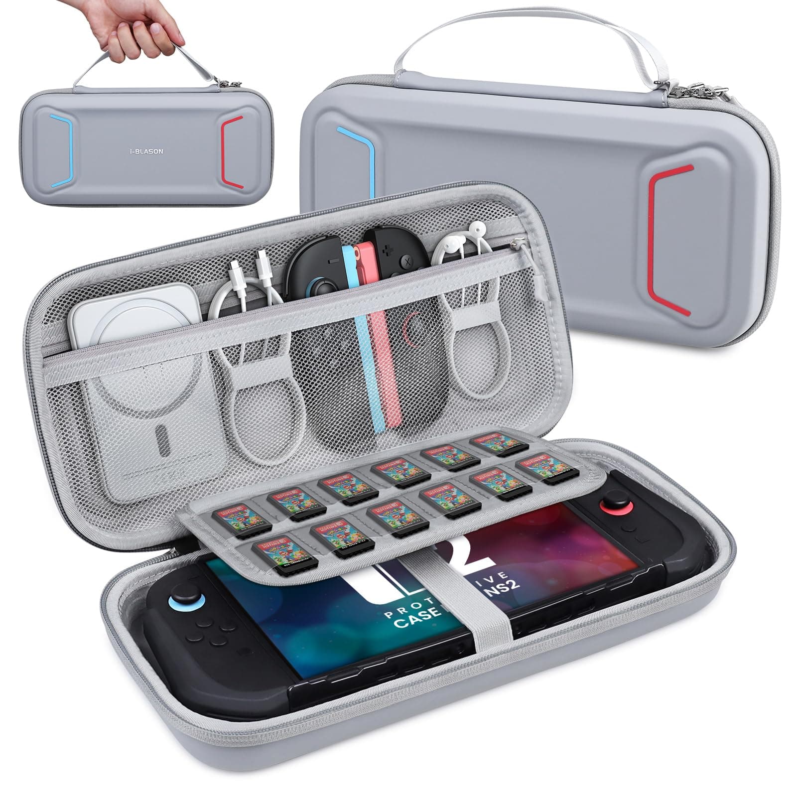 i-Blason Carrying Case for Nintendo Switch 2/Switch 1/OLED, Waterproof Hard Shell Travel Nintendo Switch Case with Large Capacity, 12 Game Card Slots, Fits Switch Games Console & Accessories (Gray)