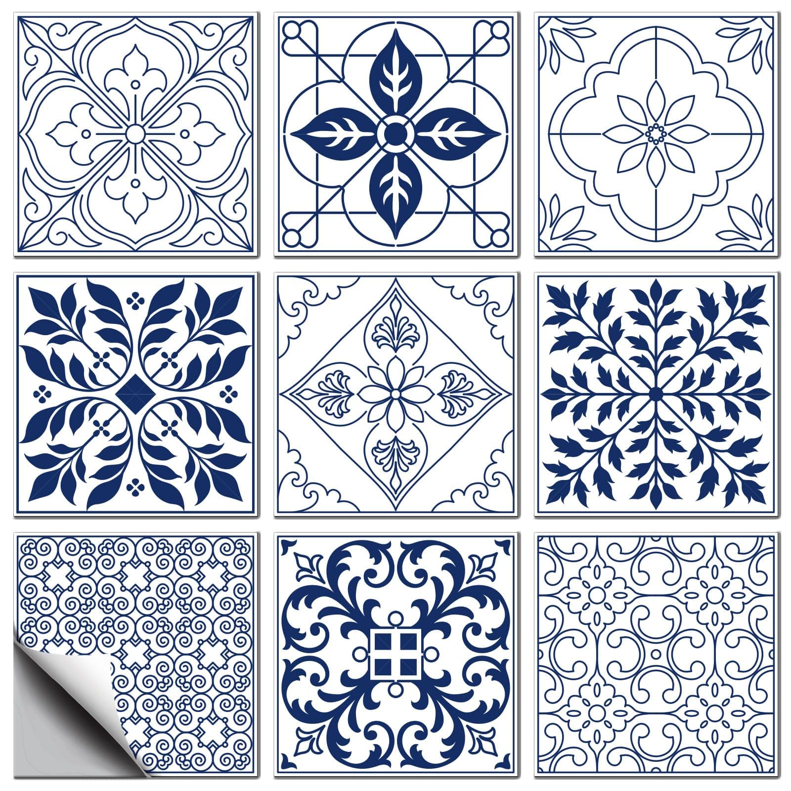 CONCHLERY 36 Pcs 9 Style Blue Floral Patten Tile Sticker Wall Tile Stickers Geometric Retro Floral Waterproof Self Adhesive Stick on Decals for Kitchen Bathroom Wall Art 4×4 Inch