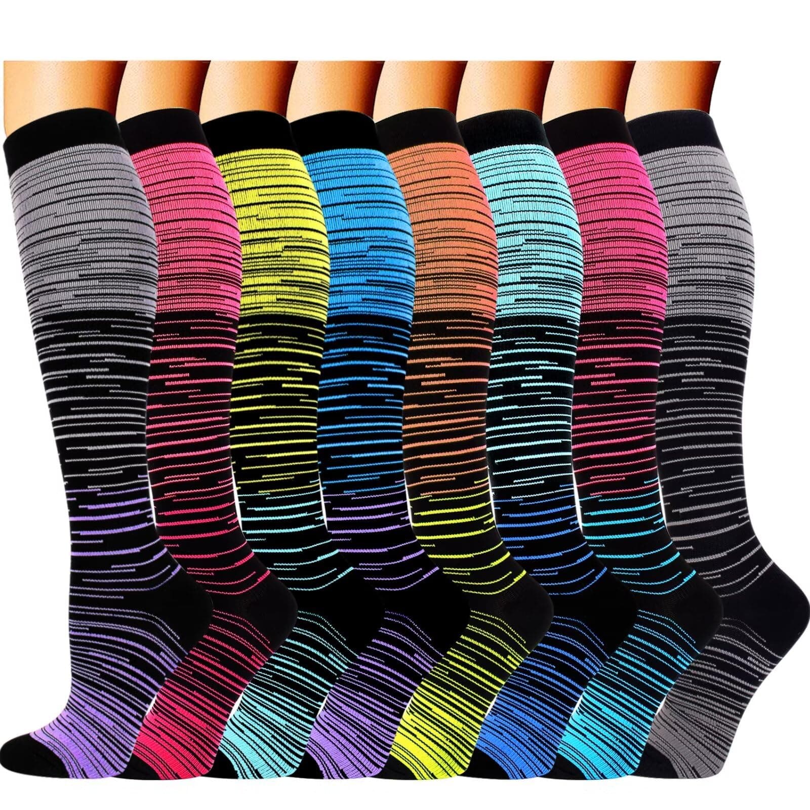Double Couple 8 Pairs Compression Socks Men Women Knee High Compression Stockings for Sports Support Socks, Colorful, Large-X-Large