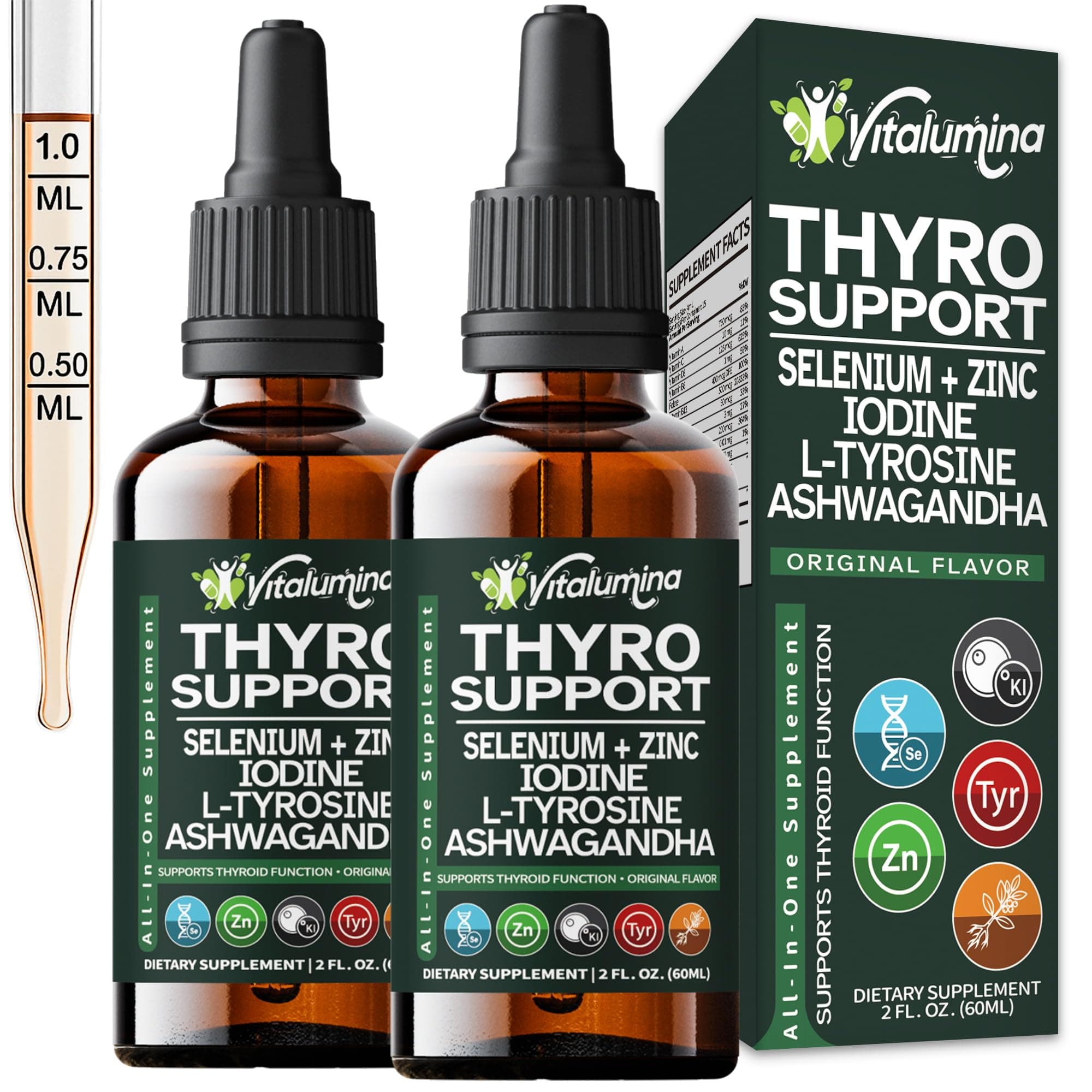 Vitalumina Thyroid Support Drops – Balance & Vitality Liquid Formula with Ashwagandha, L-Tyrosine, Selenium, Zinc & B Vitamins – Plant-Based Energy & Focus Supplement – 4 fl oz