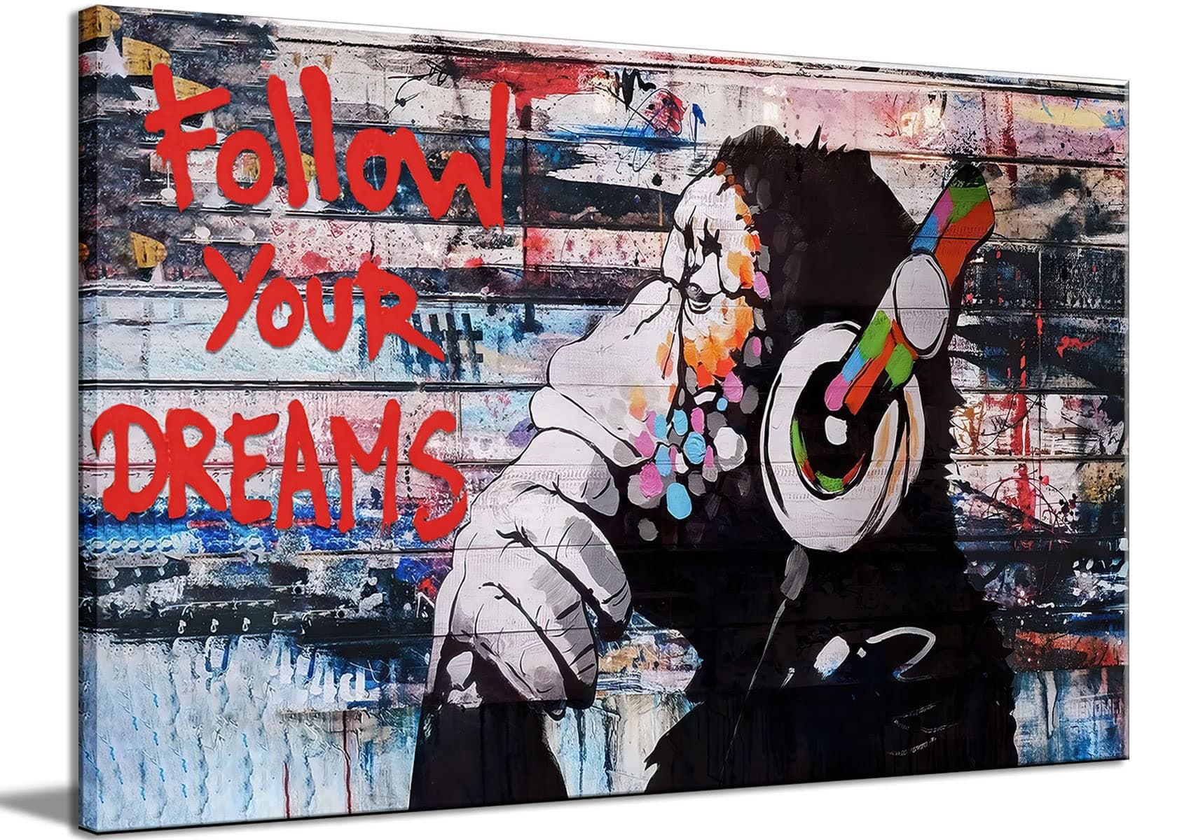 Framed Banksy Graffiti Canvas Wall Art Follow Your Dreams Monkey Poster With Headphones Prints Street Painting Picture Man Cave Wall Decor Pop Art for Living Room Ready To Hang 12" Wx16 H (30x40cm)