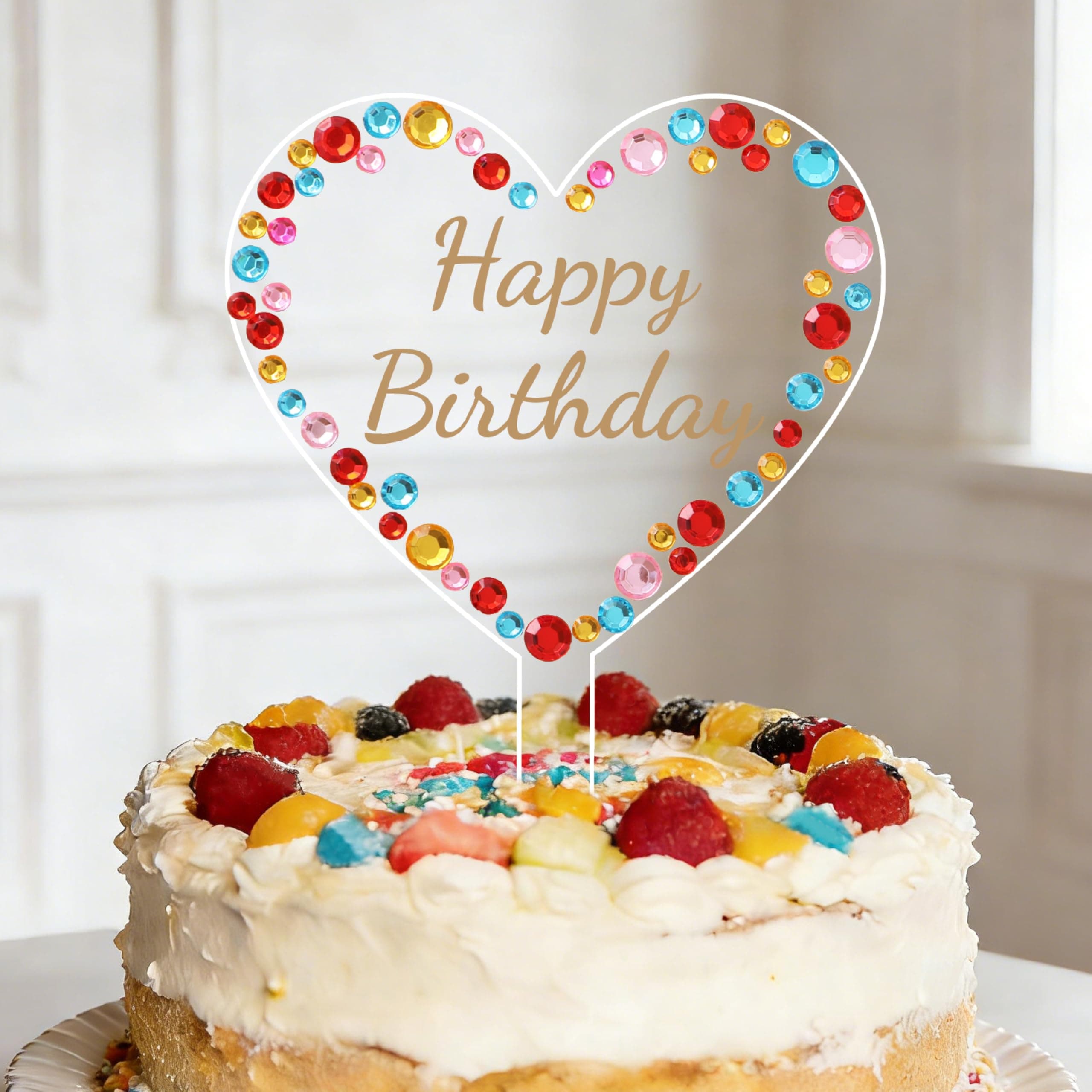 Coucoland Happy Birthday Cake Topper - Heart Acrylic Cake Decor with Sparkling Rhinestones for Wedding Party Supplies (Round)