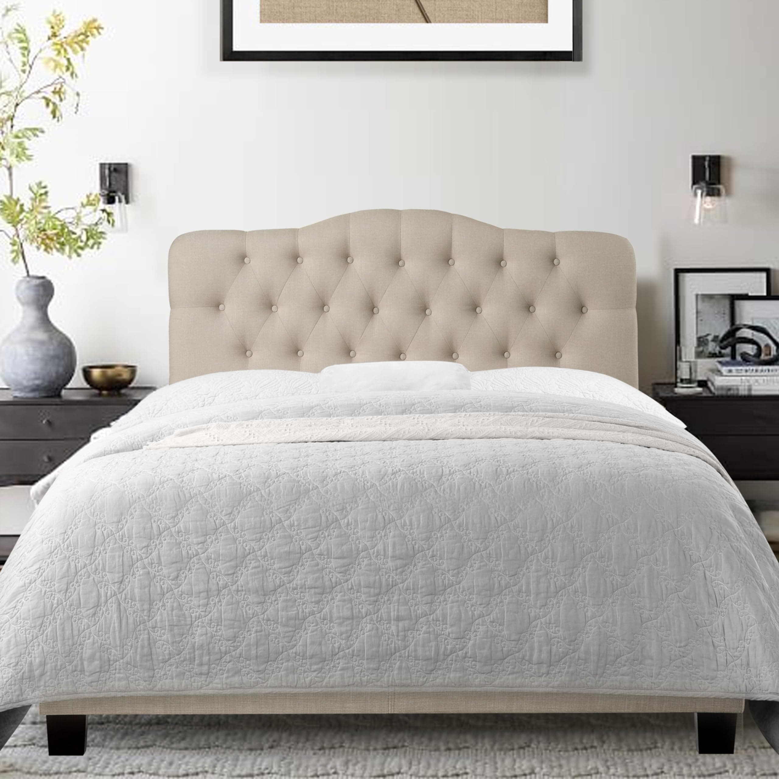 Rosevera Carlisle Panel Bed Frame with Ajustable Button-Tufted Headboard for Bedroom/Linen Upholstered/Wood Slat Support/Easy Assembly,King,Natural Linen