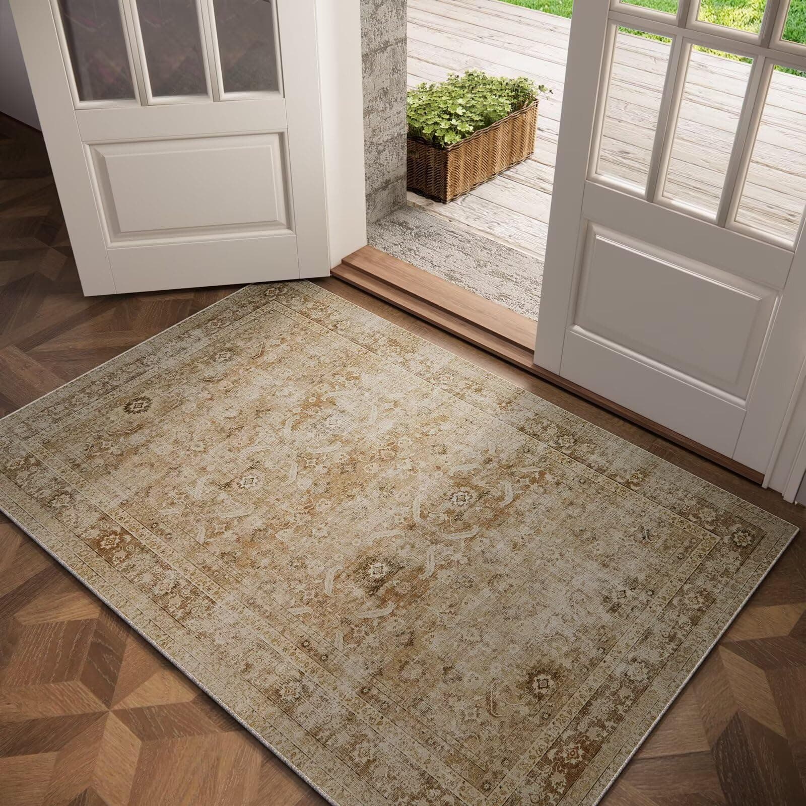 Washable 3x5 Entryway Rug, Boho Non-Slip Vintage Distress Small Rugs for Kitchen Nursery Office Bedroom, 0.3" Neutral Oriental Throw Thin Carpet with Cushioning Pad, Brown/White/Multi