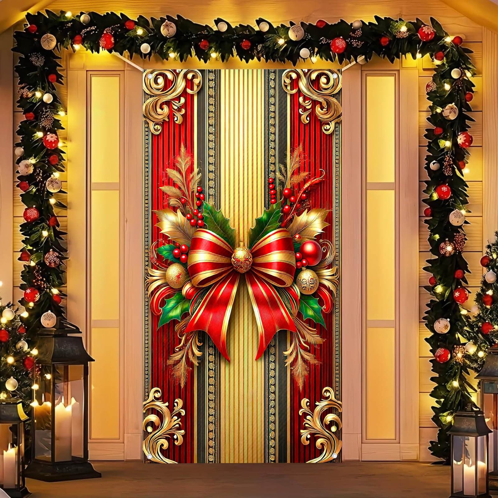 BlissYard Christmas Door Cover Bow Holly Ornaments 35x71 Inch Polyester