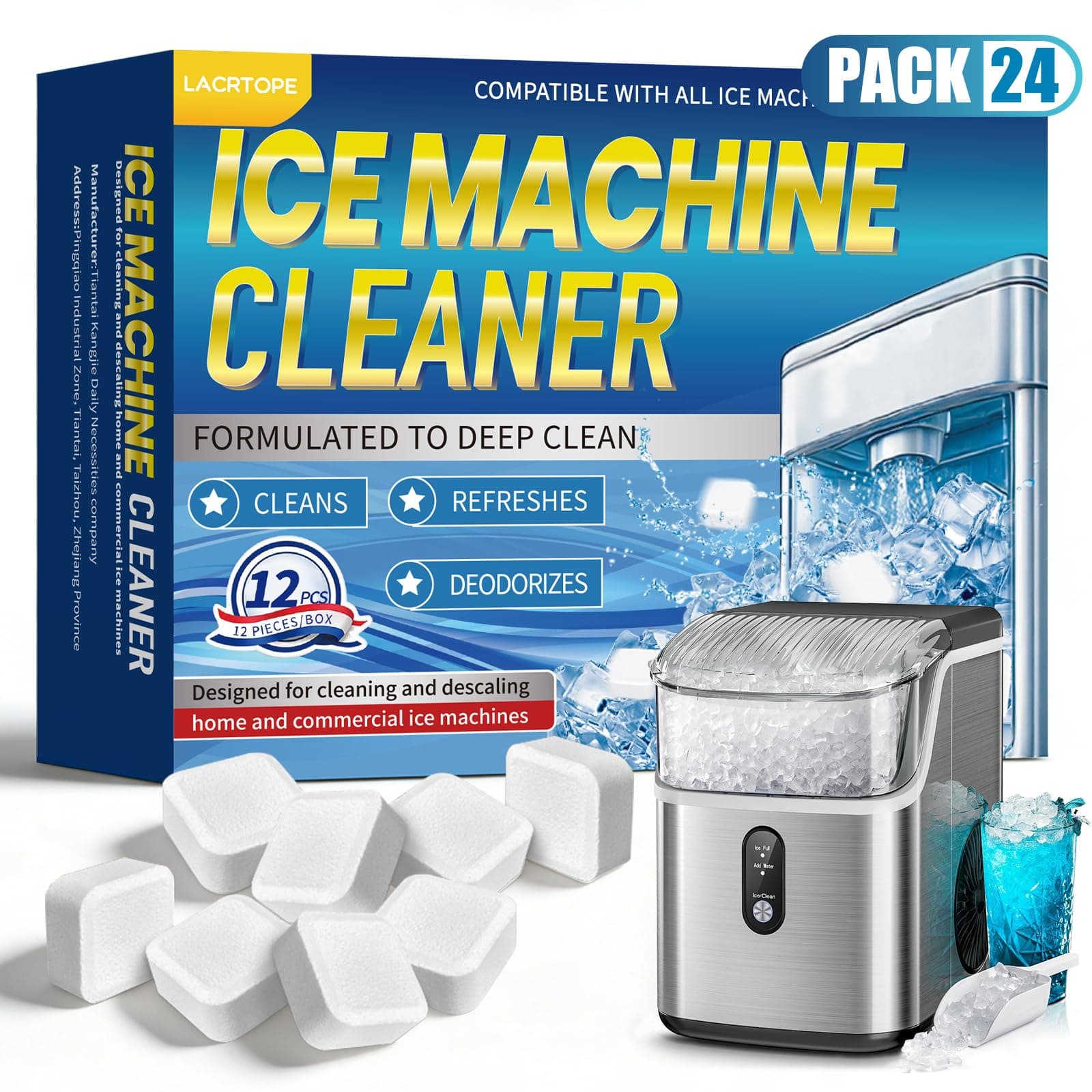 Ice Machine Cleaner and Descaler Tablets - 1 Year Supply (24 Pack) - Deep Cleaning Tablets for Nugget, Countertop, and Commercial Ice Makers - Nickel Safe Formula & Compatible with All Brands