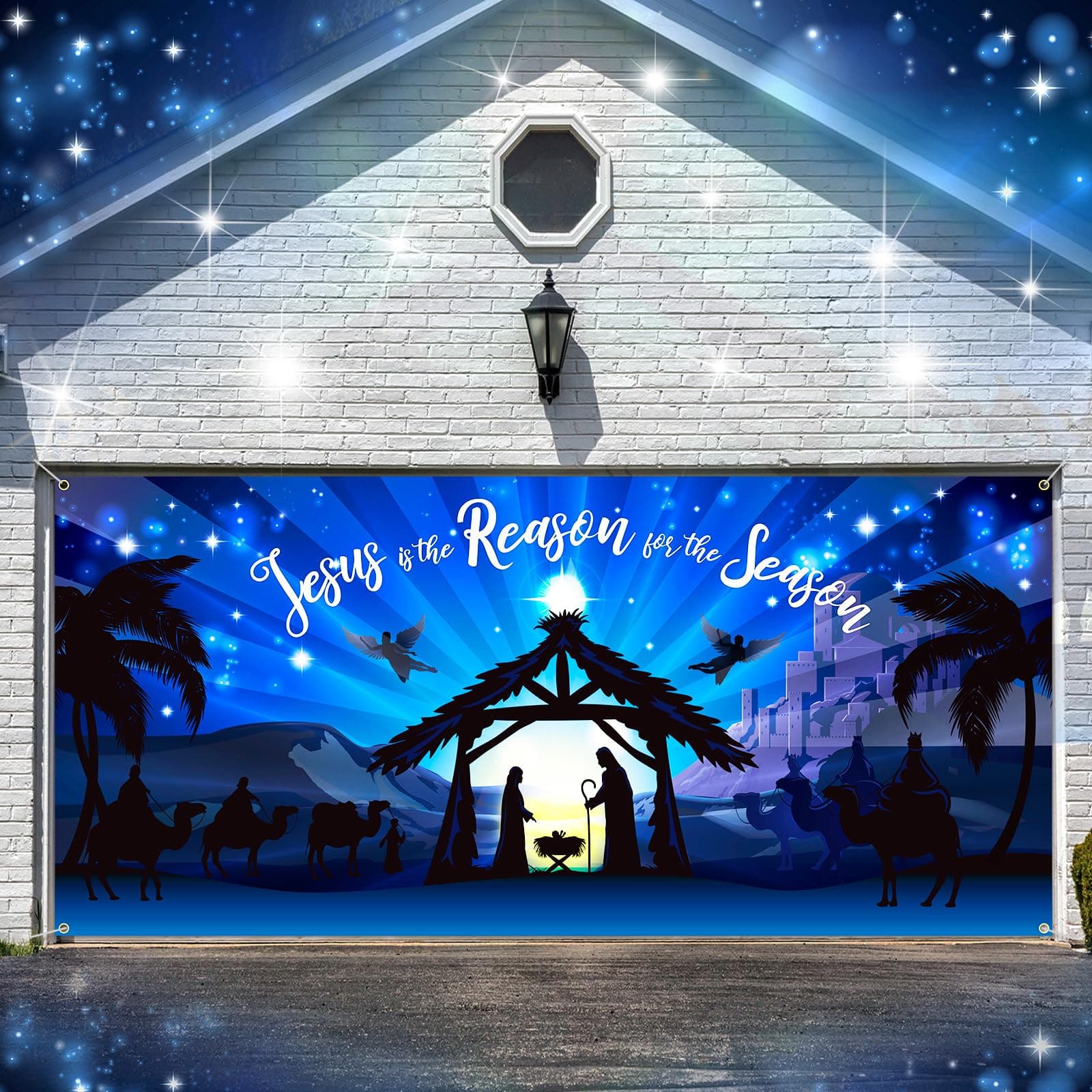 Qeeenar Christmas Garage Door Decorations Nativity Stable Garage Door Cover 6 x 13 ft Manger for Nativity Scene Banner Religious Jesus Background for Indoor Outdoor Decoration
