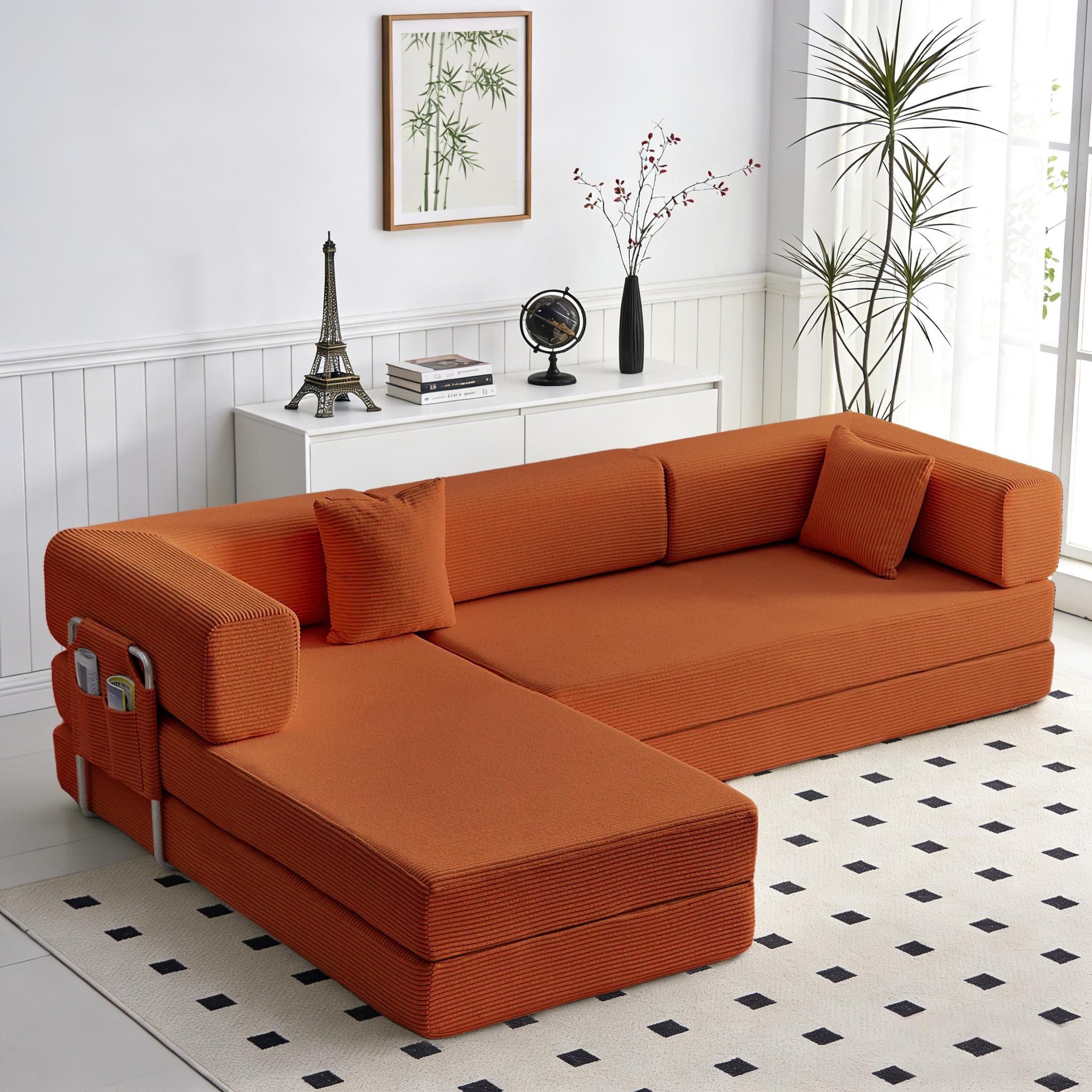 GEARIVY Convertible Sleeper Sofa Bed Corduroy Couch Bed 4-in-1 DIY Combination Modular Sofa Fold Out King Size Sleeper Floor Cama Lounge Couch for Living Room (Orange, 270CM Sofa Bed)