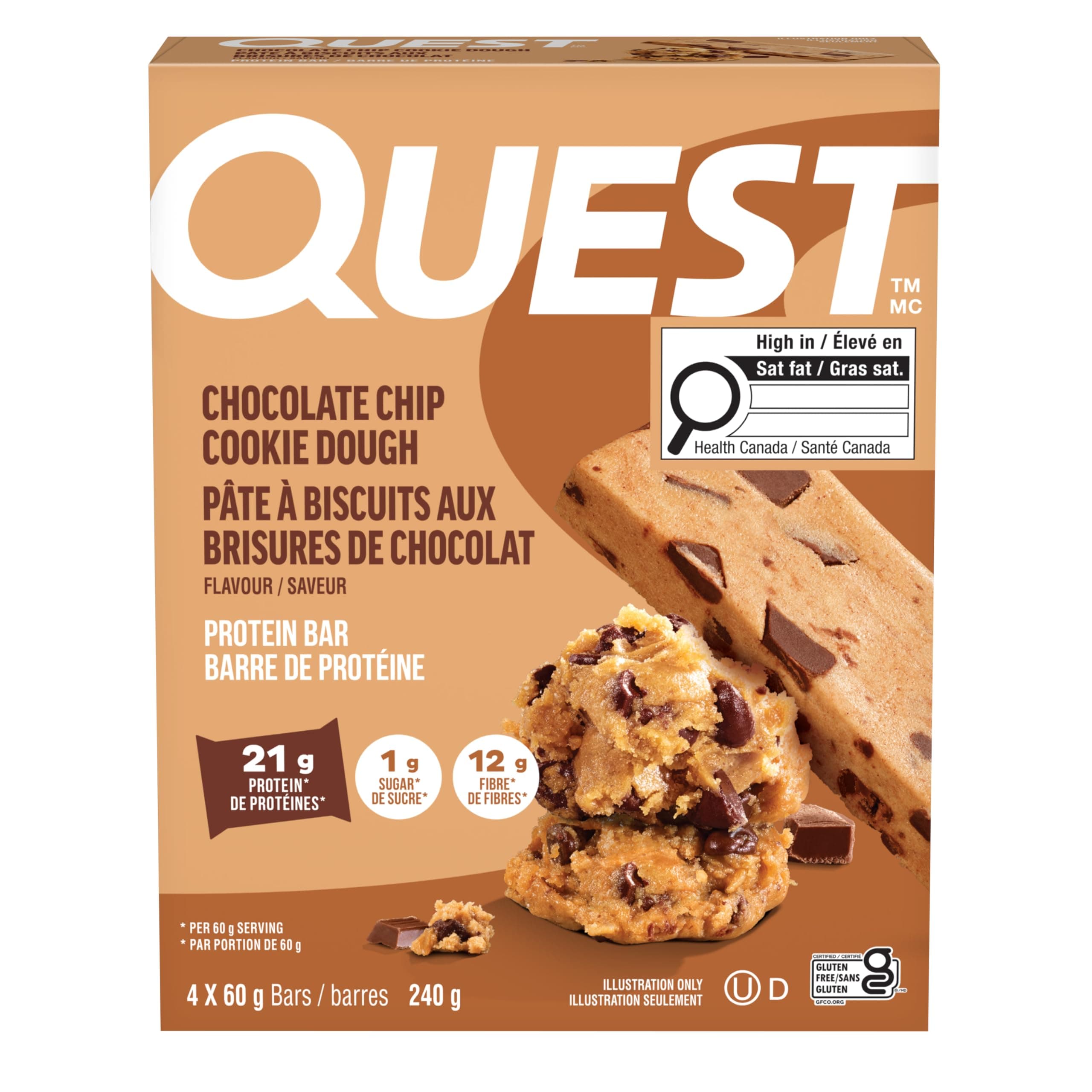 Quest Nutrition Chocolate Chip Cookie Dough Flavour Protein Bar, High Protein, High Fibre, Low Sugar, Keto Friendly, 21g Protein, 1g Sugar, 4ct